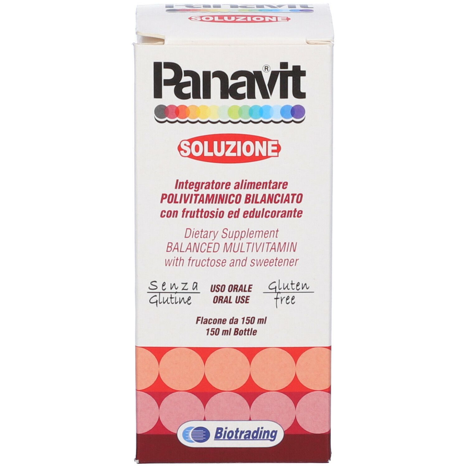 Scatola di Panavit Soluzione. Bianca con scritta. Flacone con informazioni.