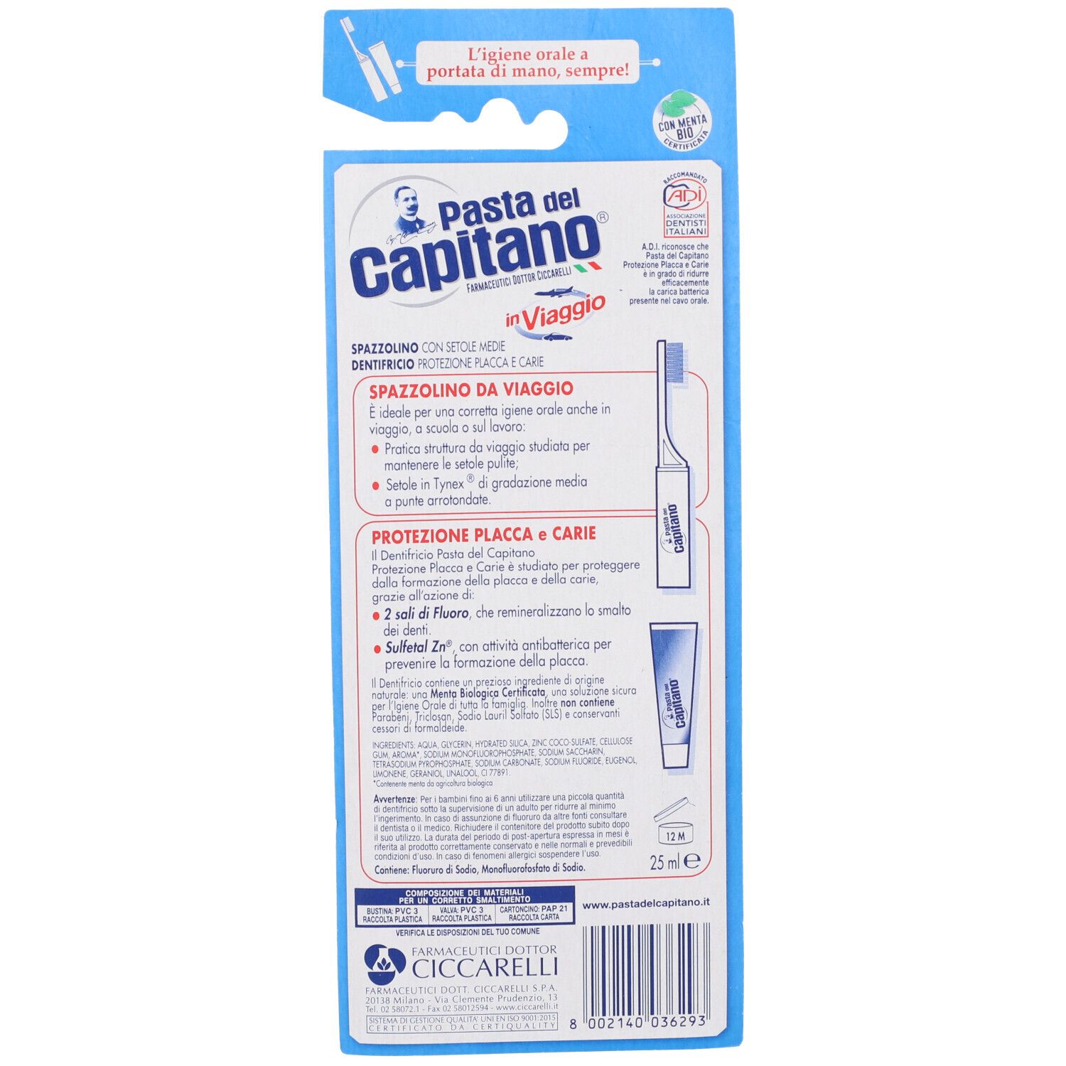 Reise-Zahnbürste und 25ml Zahnpasta von Pasta del Capitano.