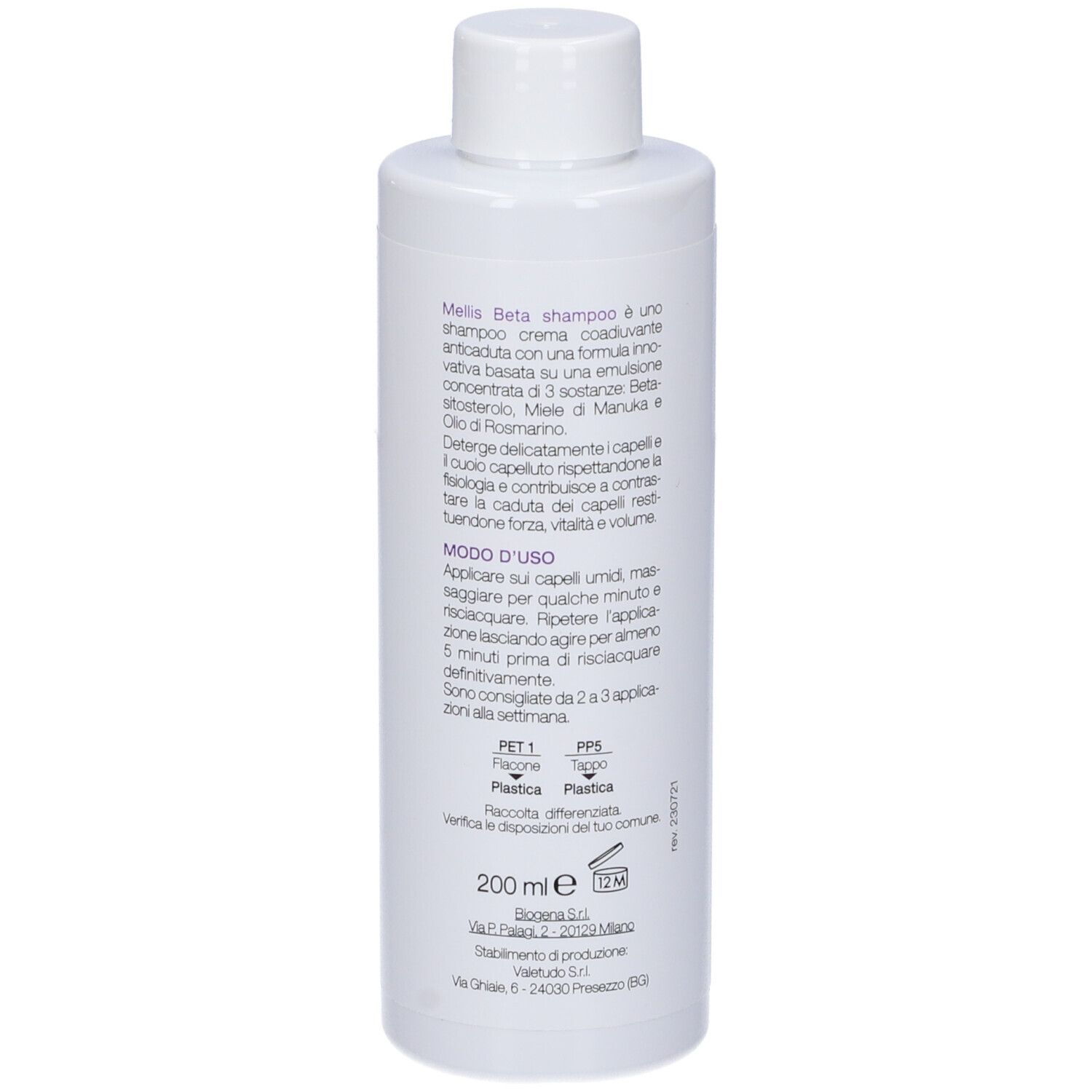 Rückseite der weißen Flasche. Text: Mellis Beta Shampoo, Coadiuvante Anticaduta. Gebrauchsanweisung und Inhaltsstoffe.