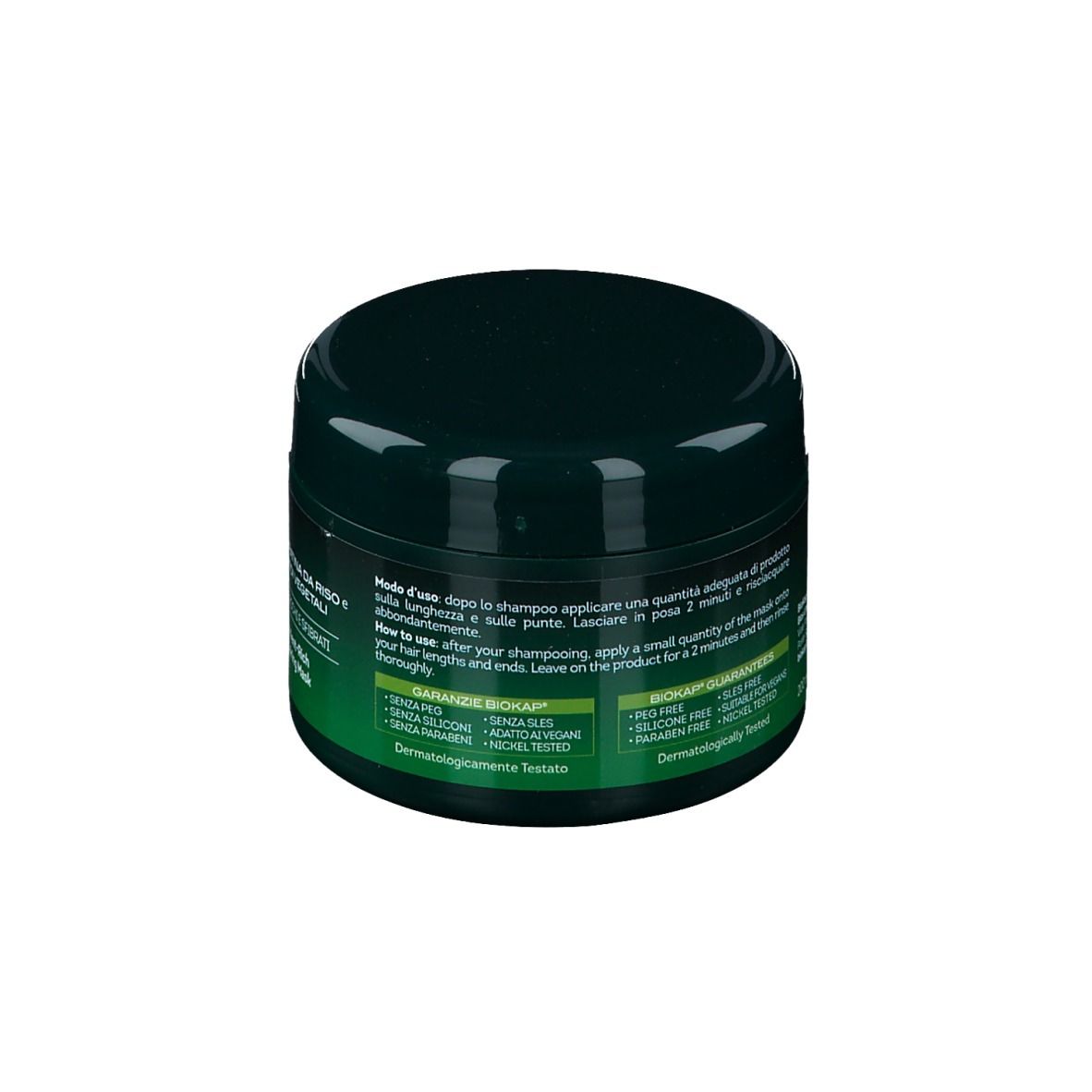 Dos d'un pot vert foncé. Texte : instructions d'utilisation, ingrédients, informations BioKap, testé dermatologiquement.