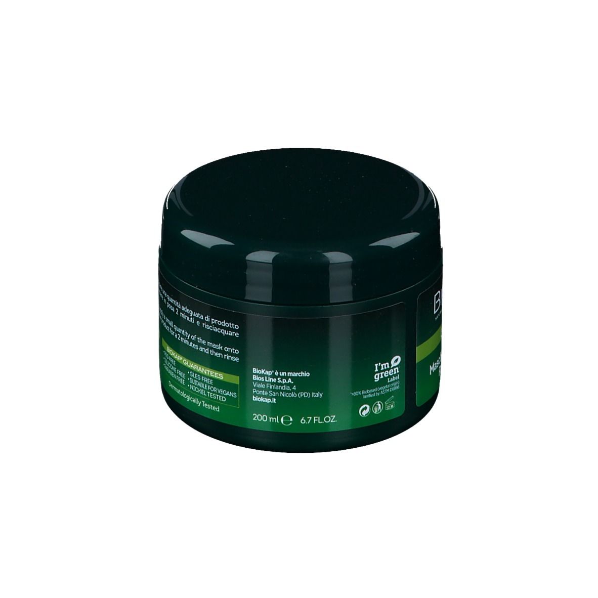 Pot vert foncé. Inscription : BioKap, 200 ml, 6.7 FL.OZ. Label I'm green. Texte : Maschera Nutriente Riparatrice.