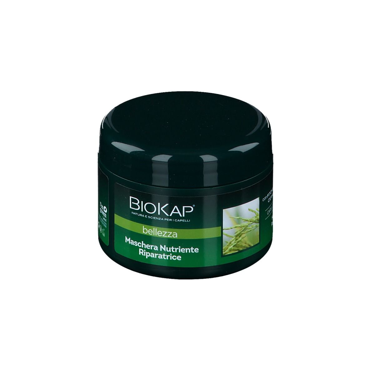 Pot vert foncé avec couvercle. Inscription : BioKap, Maschera Nutriente Riparatrice. Étiquette verte et blanche avec motif végétal.