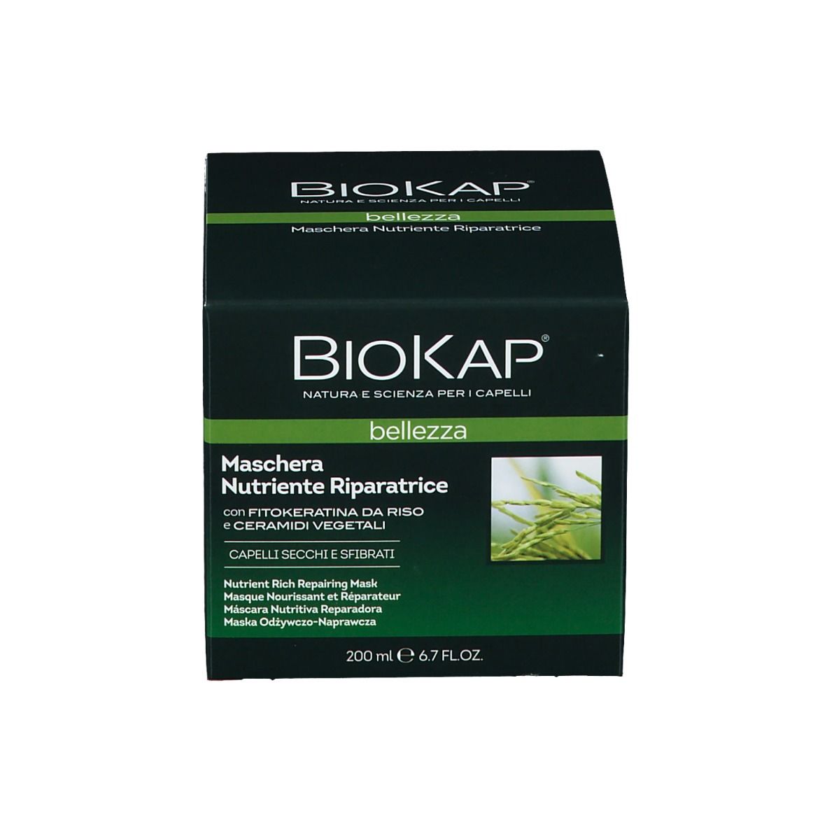 Emballage du produit : boîte en carton vert foncé. Inscription : BioKap, Maschera Nutriente Riparatrice. 200 ml, 6.7 FL.OZ.