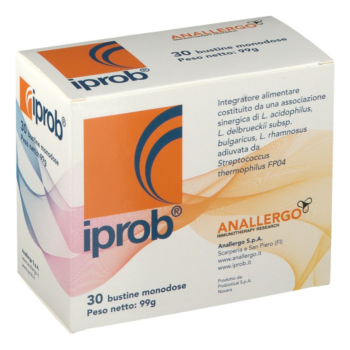 Scatola bianca con logo "iprob" e scritta "ANALLERGO". Contiene 30 bustine. Elementi di design arancioni e blu.