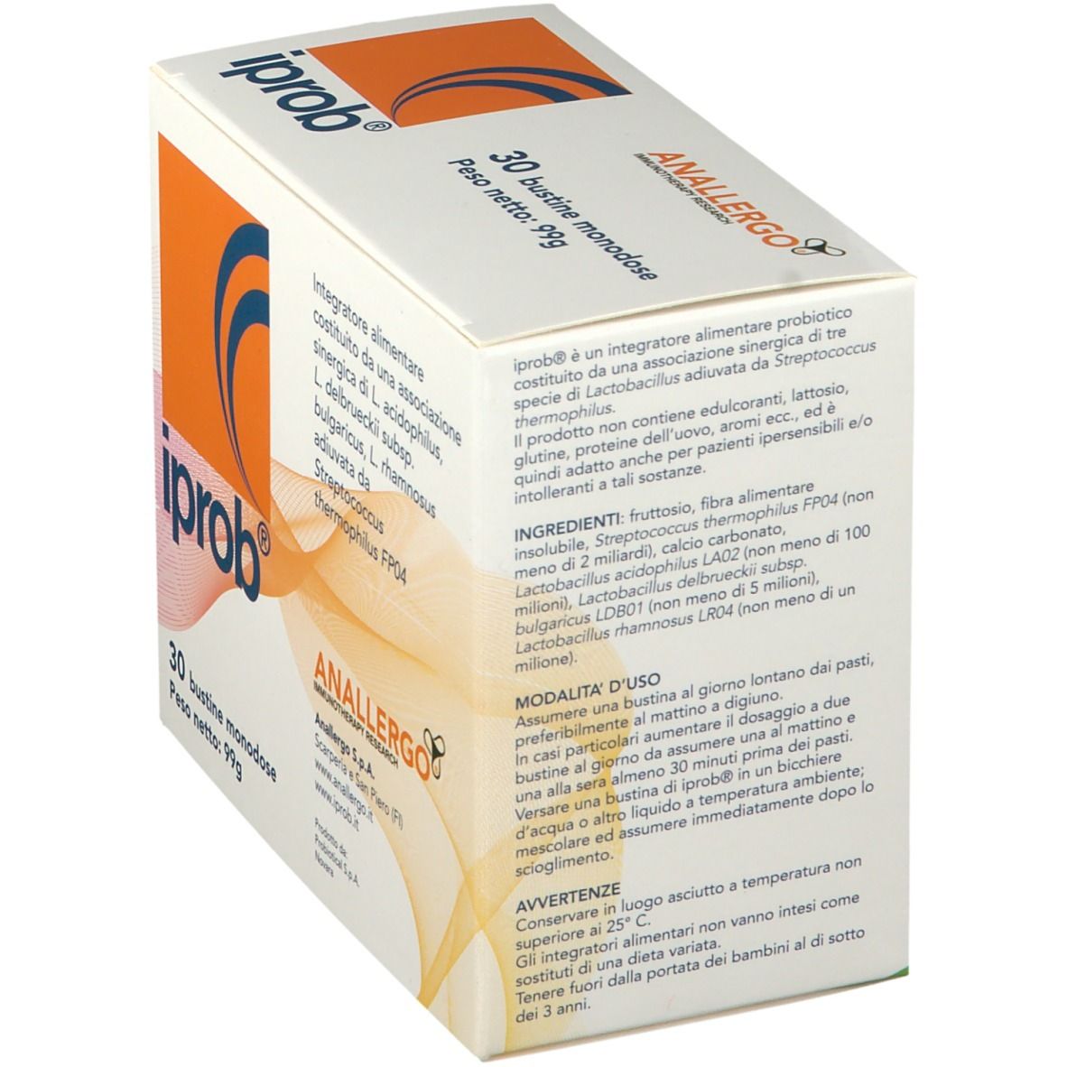 Scatola bianca con logo "iprob" e scritta "ANALLERGO". Contiene 30 bustine. Testo sul retro.