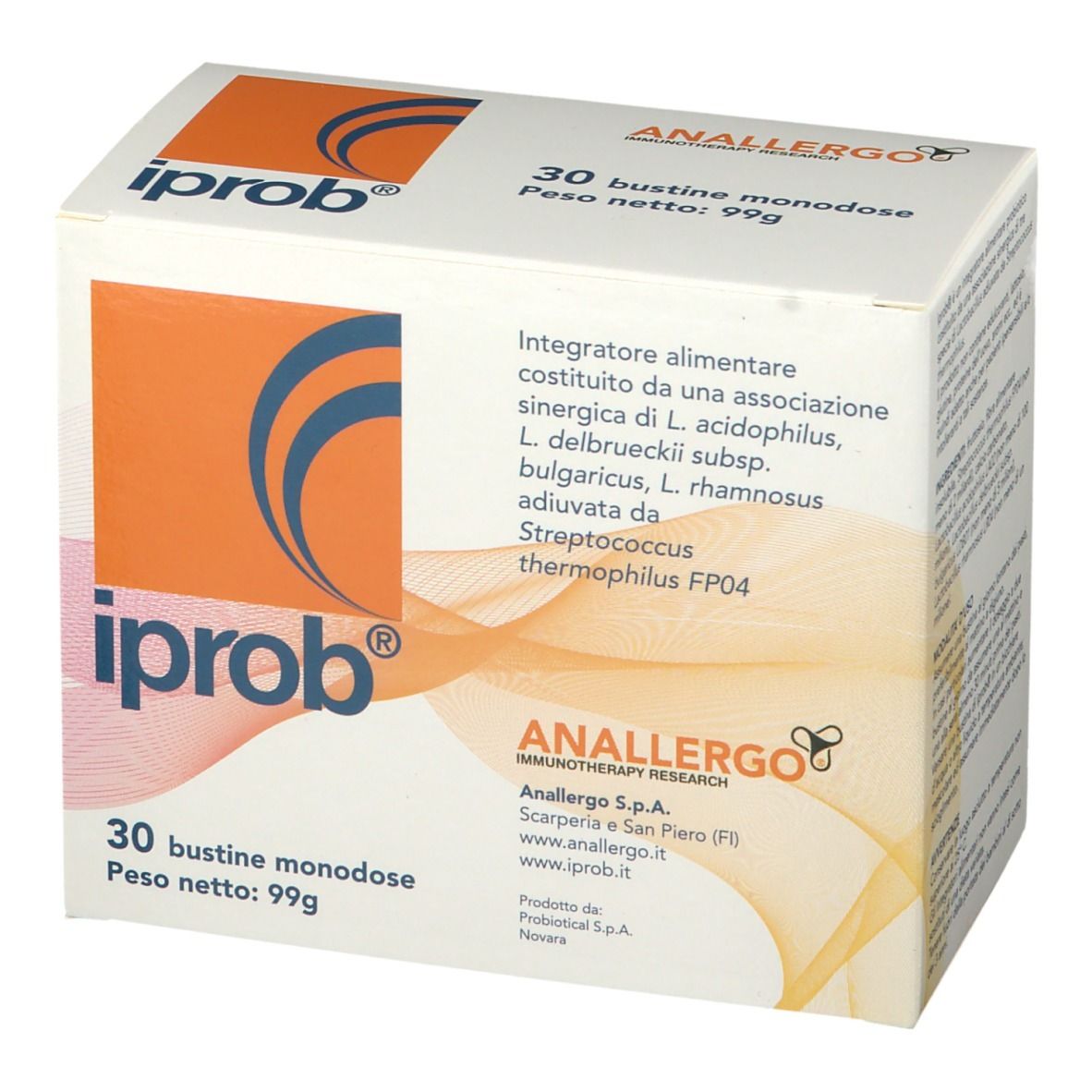 Scatola bianca con logo "iprob" e scritta "ANALLERGO". Contiene 30 bustine. Elementi di design arancioni e blu.