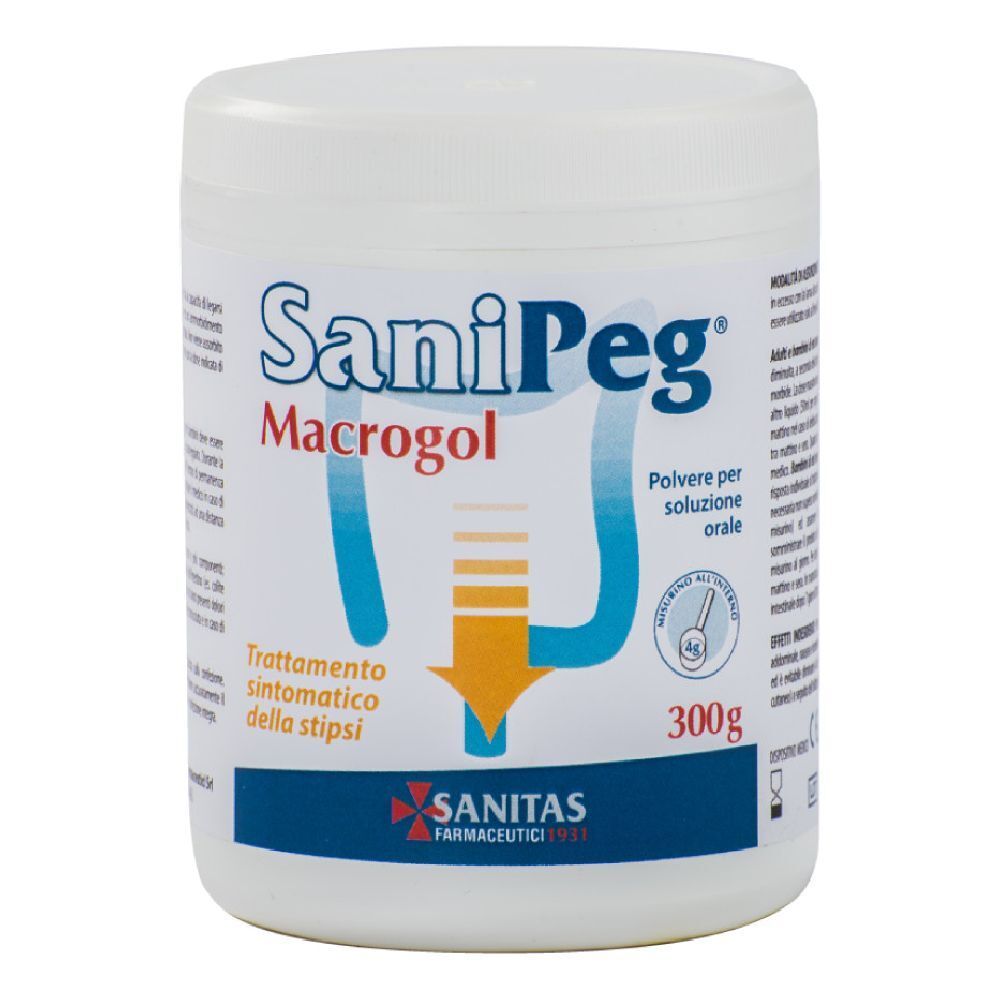 Barattolo bianco SaniPeg Macrogol. Scritta e illustrazione dell'intestino. 300g.