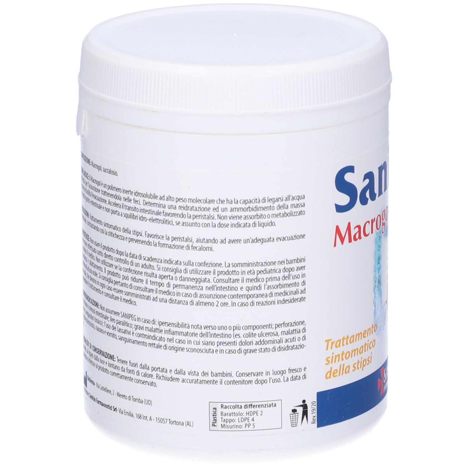 Retro del barattolo bianco SaniPeg. Informazioni testuali e ingredienti.