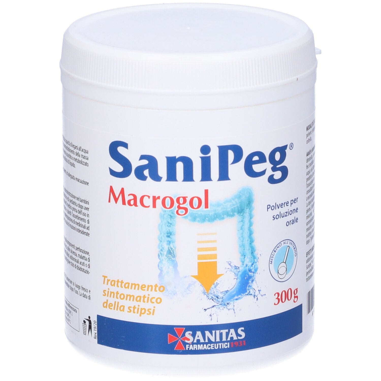 Barattolo bianco SaniPeg Macrogol. Scritta e illustrazione dell'intestino. 300g.
