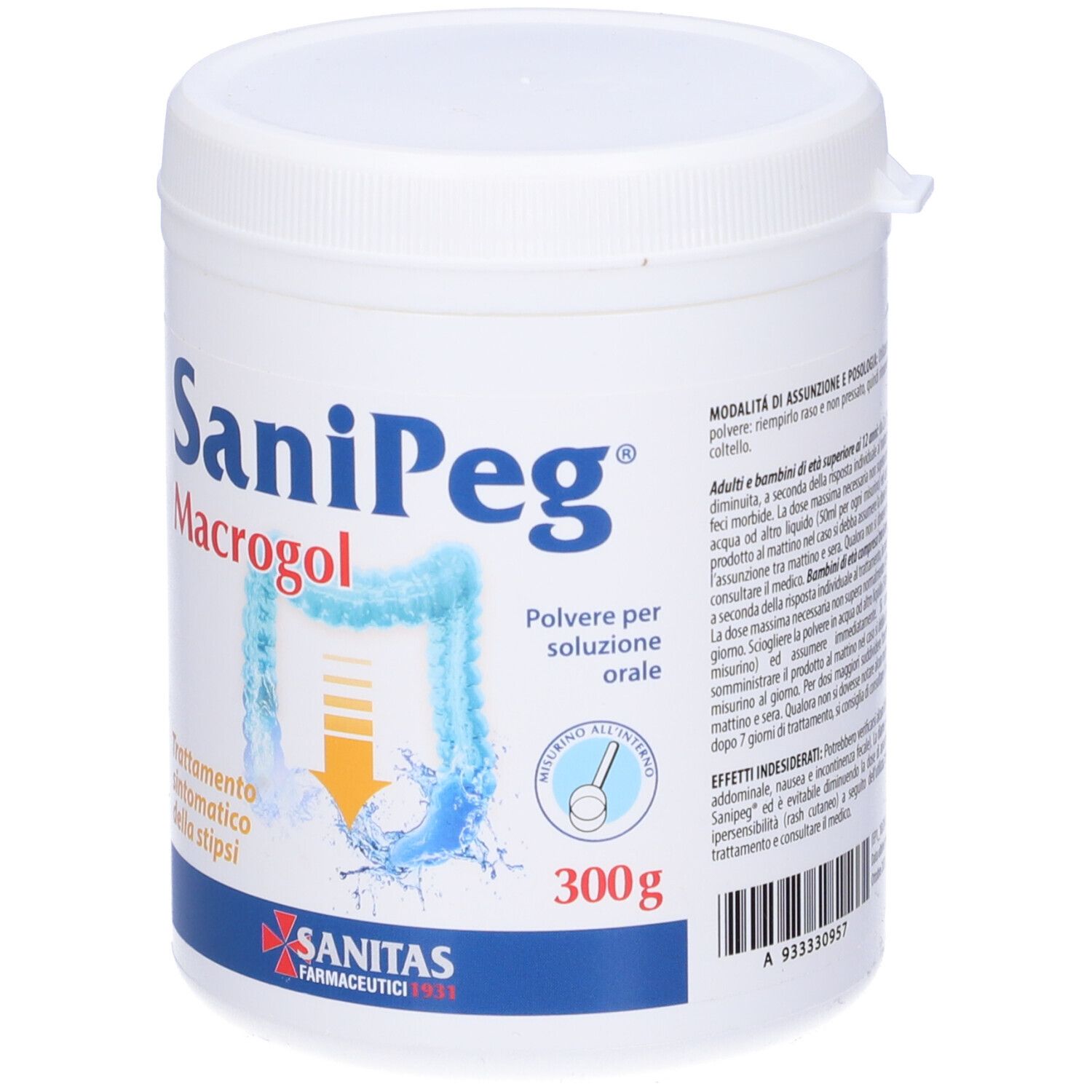 Barattolo bianco SaniPeg Macrogol. Scritta e illustrazione dell'intestino. 300g.