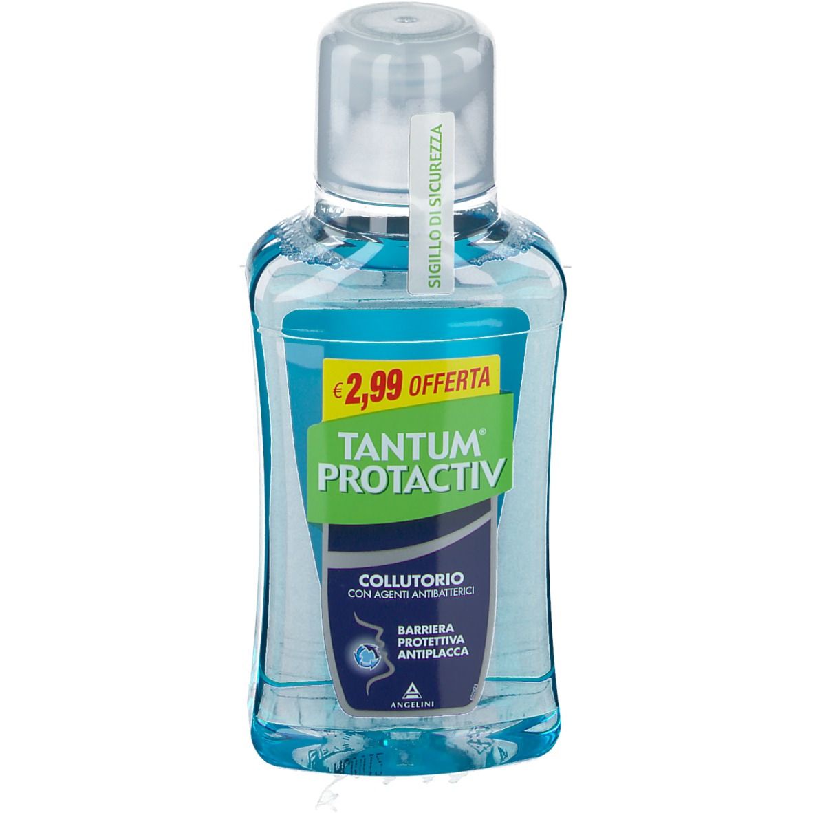 Bain de bouche TANTUM® PROTACTIV en flacon transparent. Contenu bleu. Étiquette prix : 2,99 €. Inscription : COLLUTORIO, BARRIERA PROTETTIVA ANTIPLACCA.