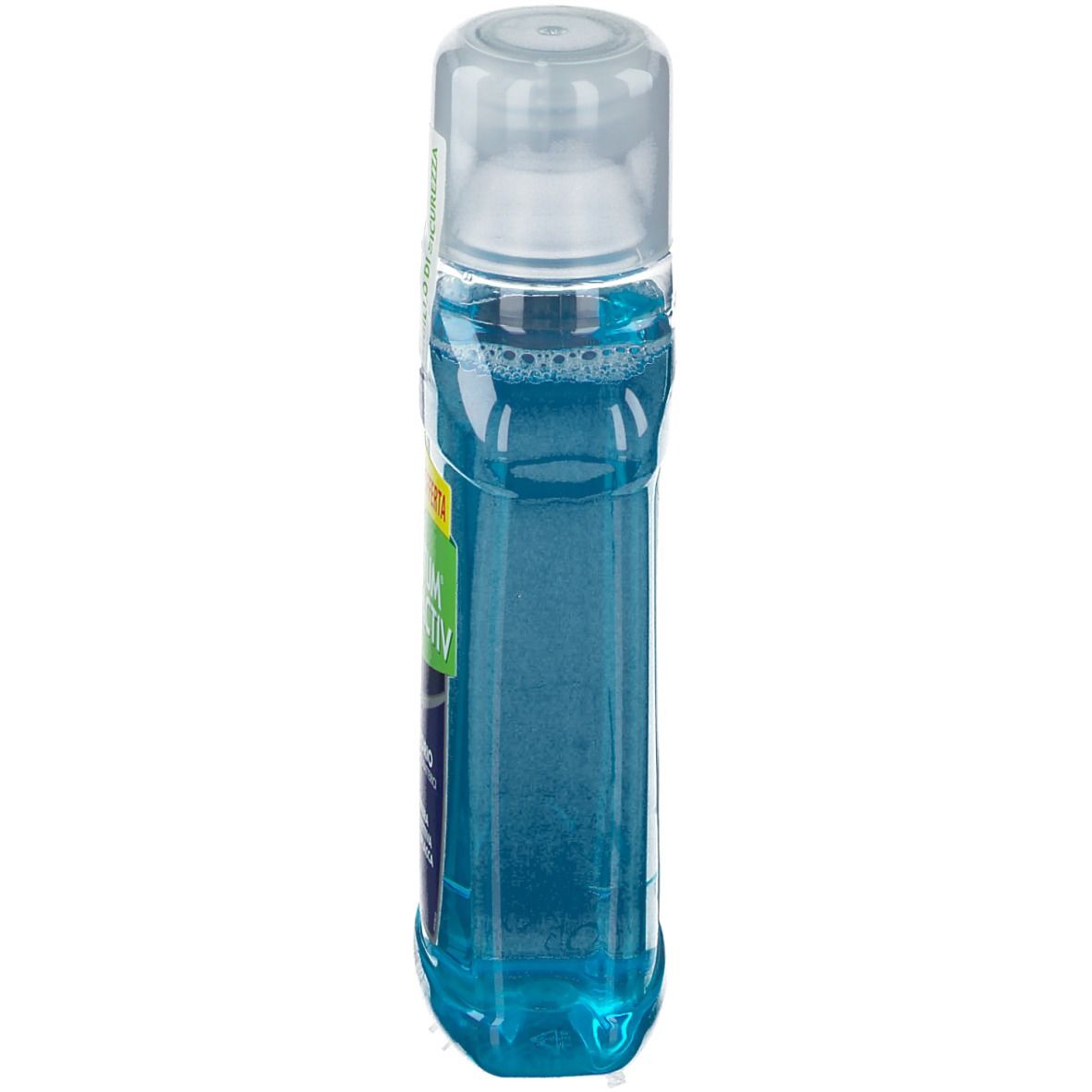 Bain de bouche TANTUM® PROTACTIV, flacon transparent avec liquide bleu. Sur le côté : informations produit. En haut : bouchon transparent.