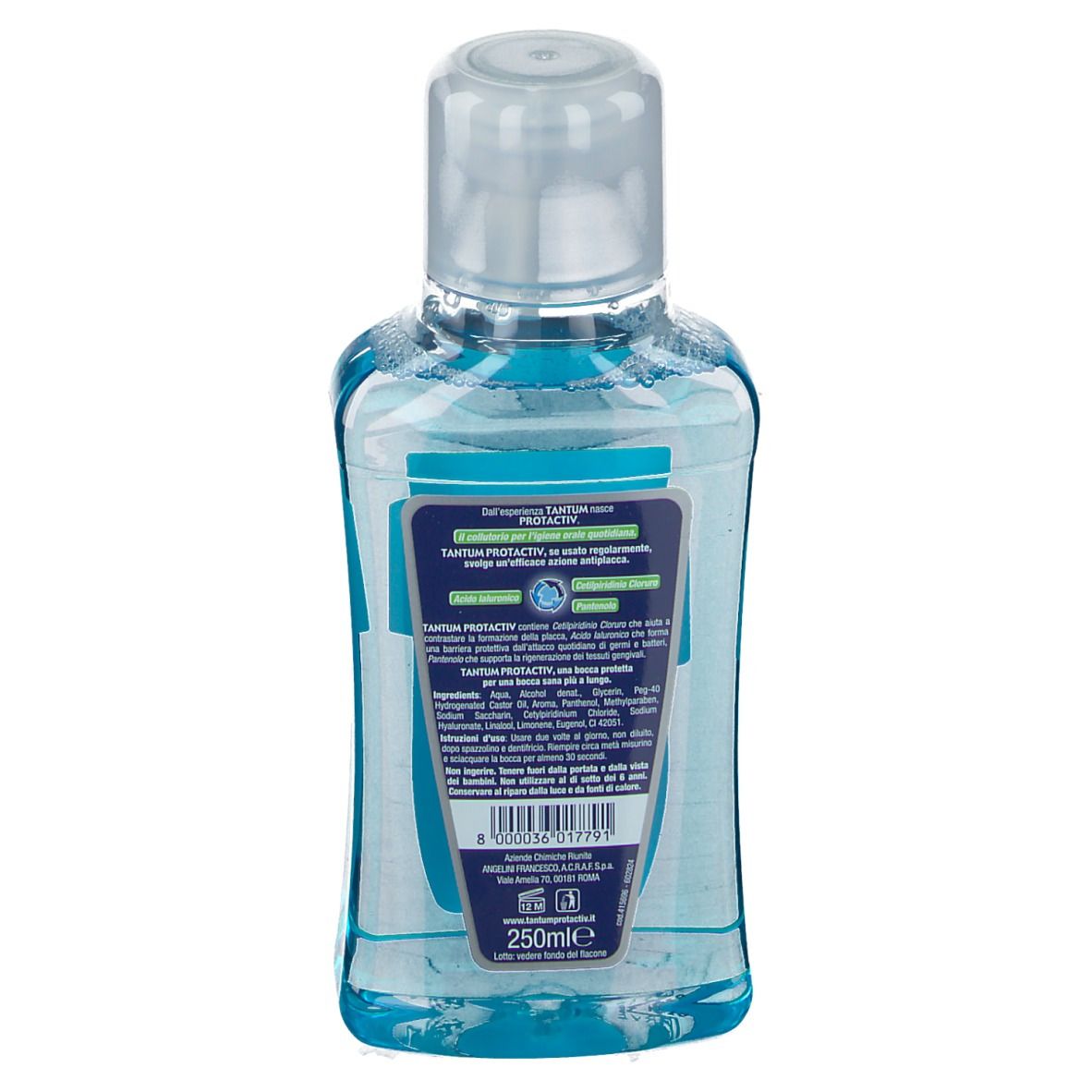Dos du flacon de bain de bouche TANTUM® PROTACTIV. Informations produit, ingrédients, coordonnées du fabricant. Volume : 250 ml.