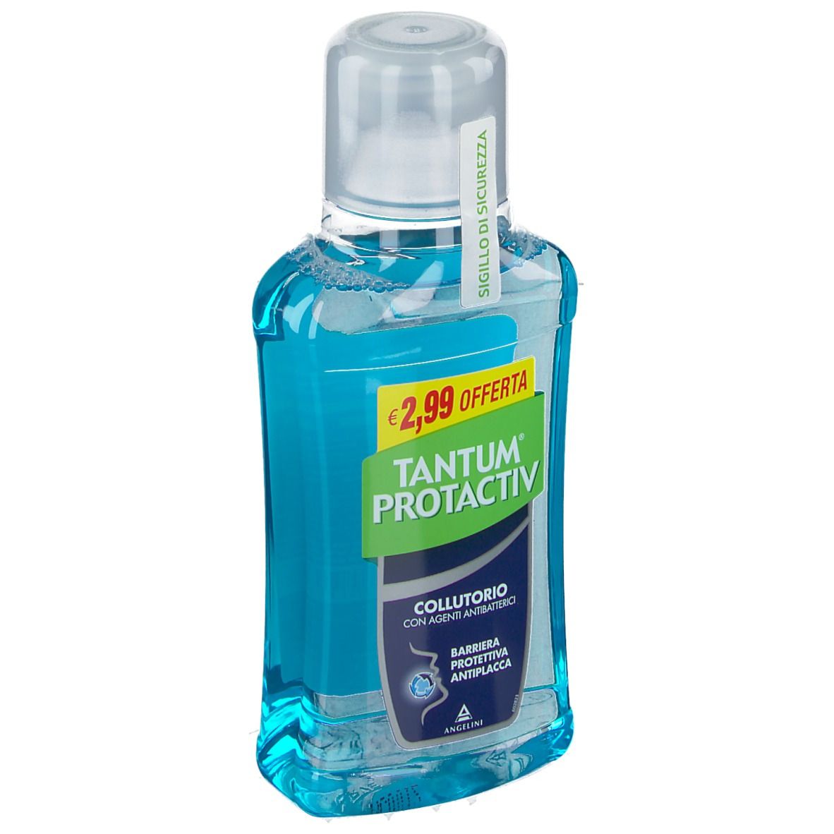 Bain de bouche TANTUM® PROTACTIV en flacon transparent avec liquide bleu. Étiquette prix : 2,99 €. Inscription : COLLUTORIO, BARRIERA PROTETTIVA ANTIPLACCA.