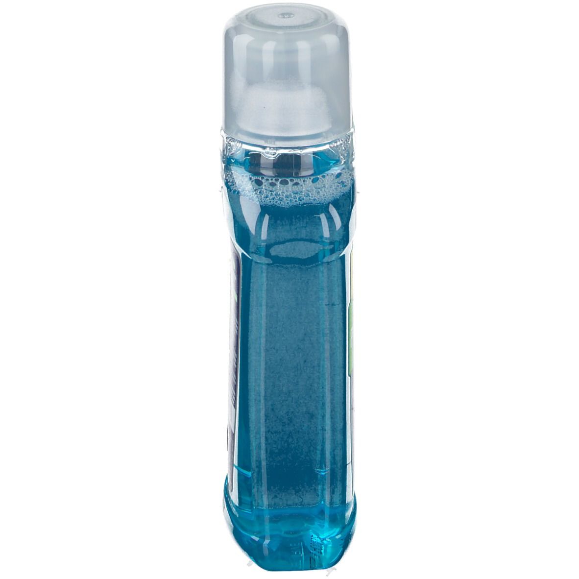 Bain de bouche TANTUM® PROTACTIV, flacon transparent avec liquide bleu. En haut : bouchon transparent.