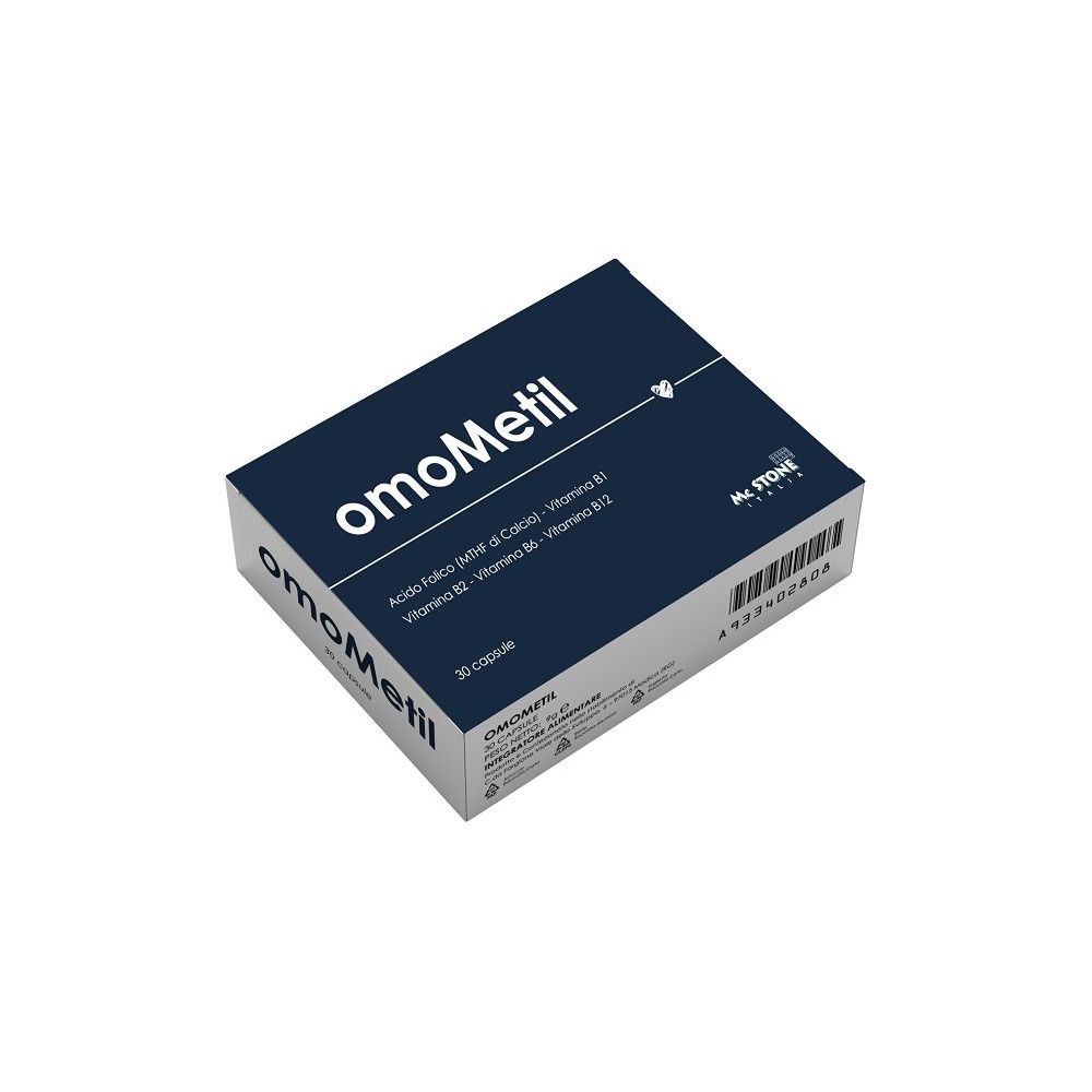 Scatola blu scuro con scritta bianca "omoMetil". Contiene 30 capsule. Marchio McStone.