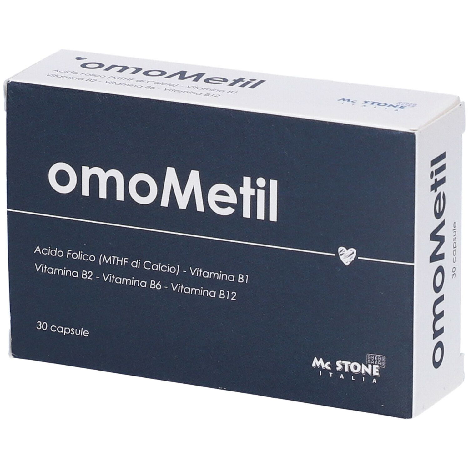 Scatola bianca con fronte blu scuro. Scritta "omoMetil" e ingredienti. Contiene 30 capsule. Marchio McStone.