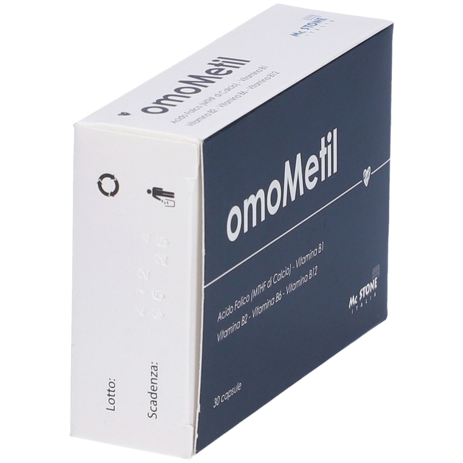 Scatola con fronte blu scuro e scritta bianca "omoMetil". Contiene 30 capsule. Marchio McStone.