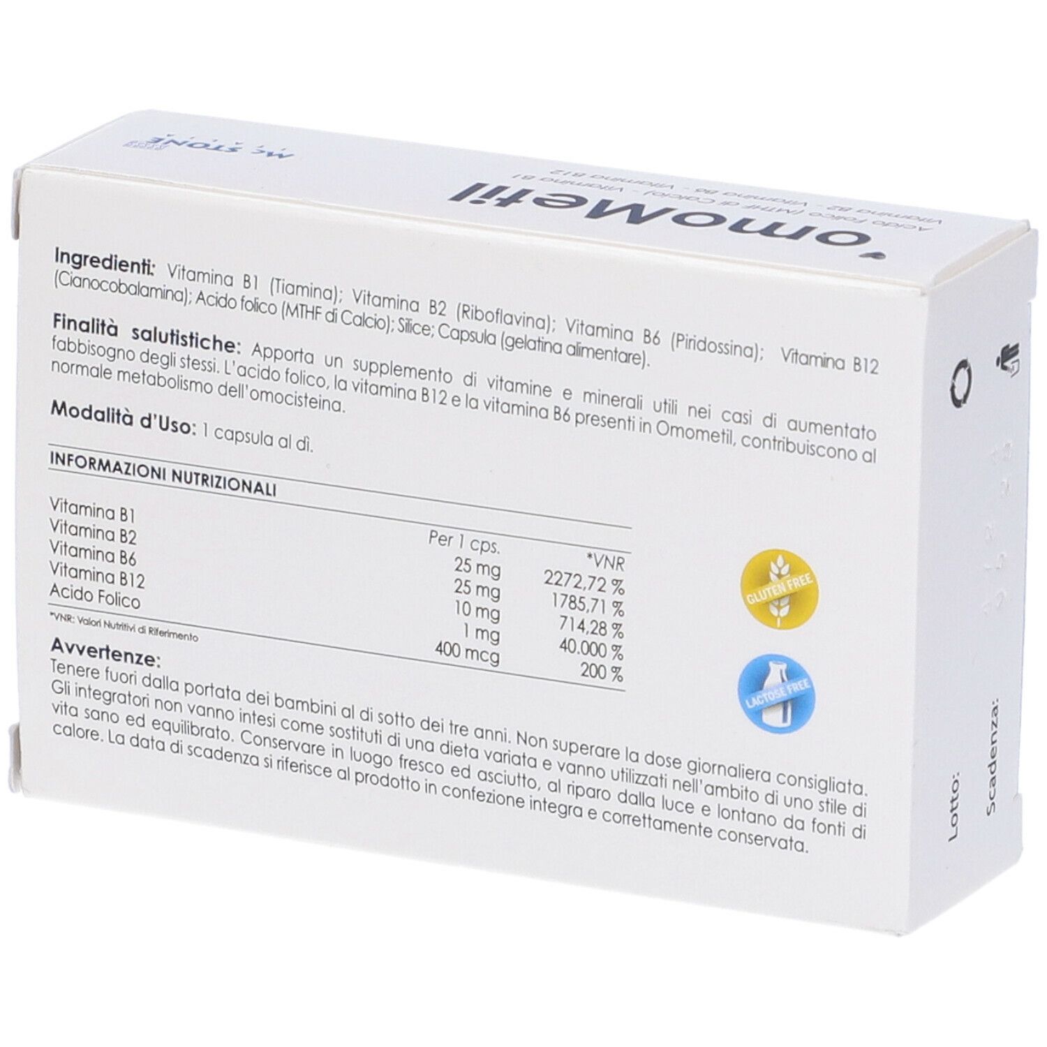 Retro della scatola con ingredienti e informazioni nutrizionali. Contiene vitamine e minerali. Marchio McStone.