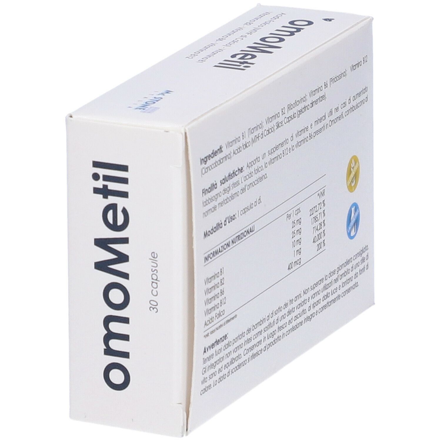 Scatola con ingredienti e informazioni nutrizionali. Contiene vitamine e minerali. Marchio McStone.