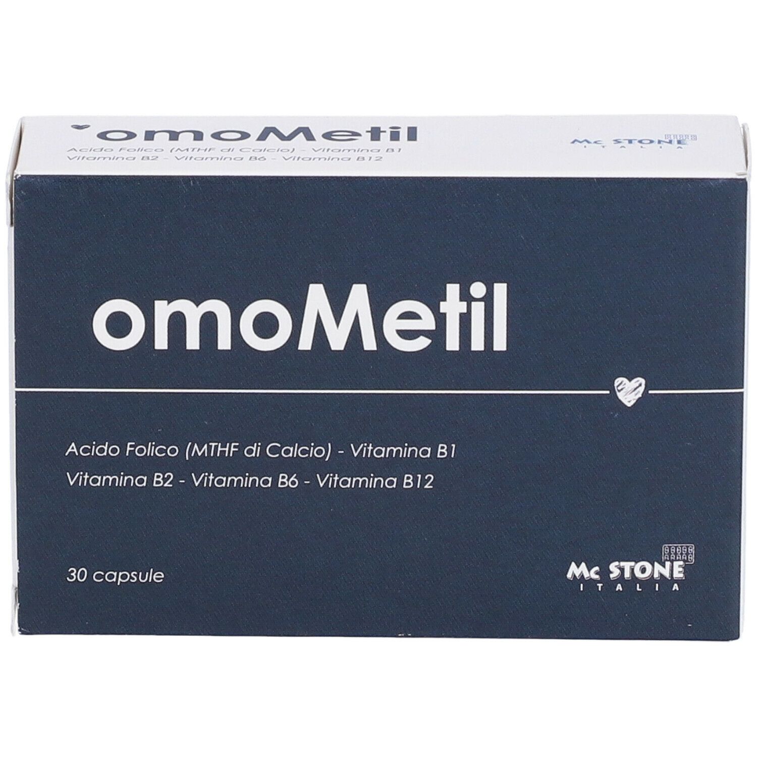 Scatola blu scuro con scritta bianca "omoMetil". Contiene 30 capsule. Marchio McStone.