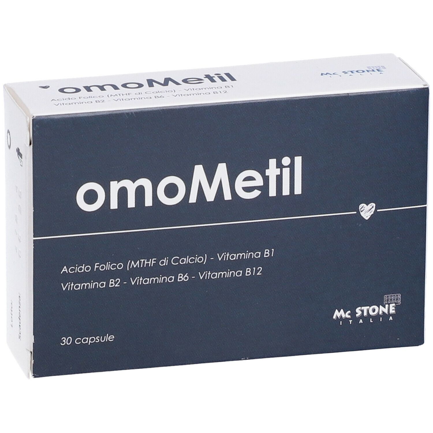Scatola blu scuro con scritta bianca "omoMetil". Contiene 30 capsule. Marchio McStone.