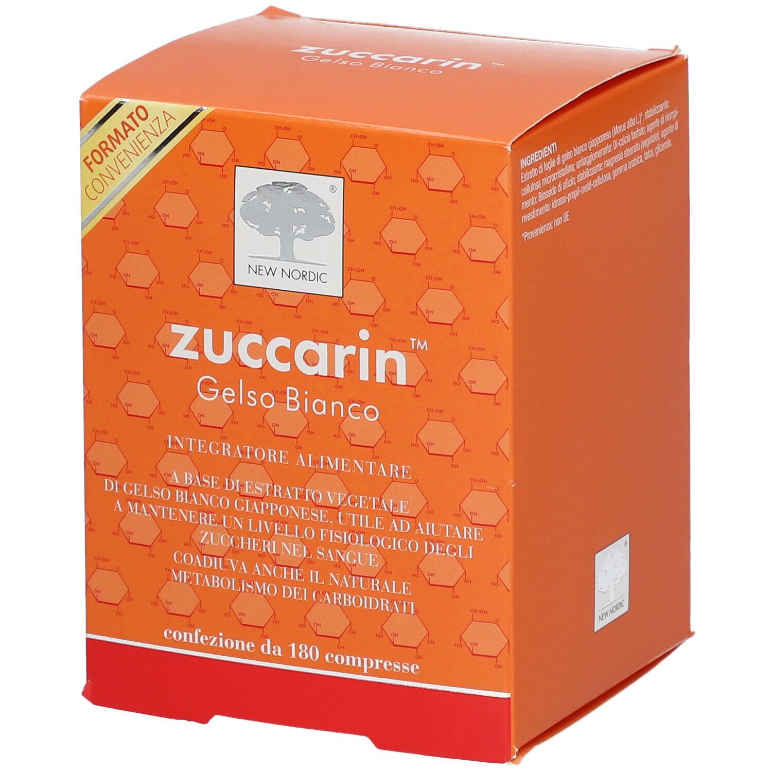 Scatola arancione con nome e logo del prodotto. Testo in italiano. Contiene 180 compresse.
