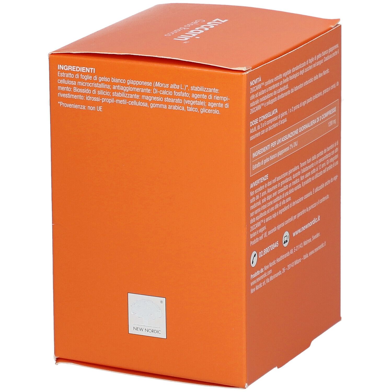 Scatola arancione con nome e logo del prodotto. Testo in italiano. Contiene 180 compresse.