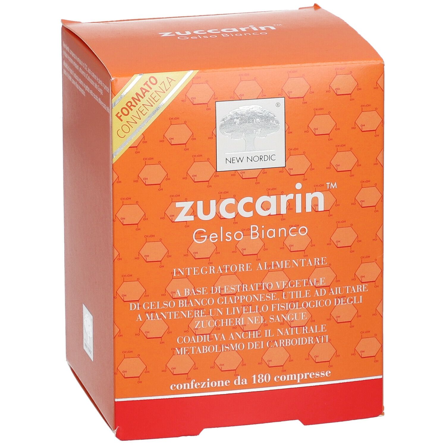 Scatola arancione con nome e logo del prodotto. Testo in italiano. Contiene 180 compresse.