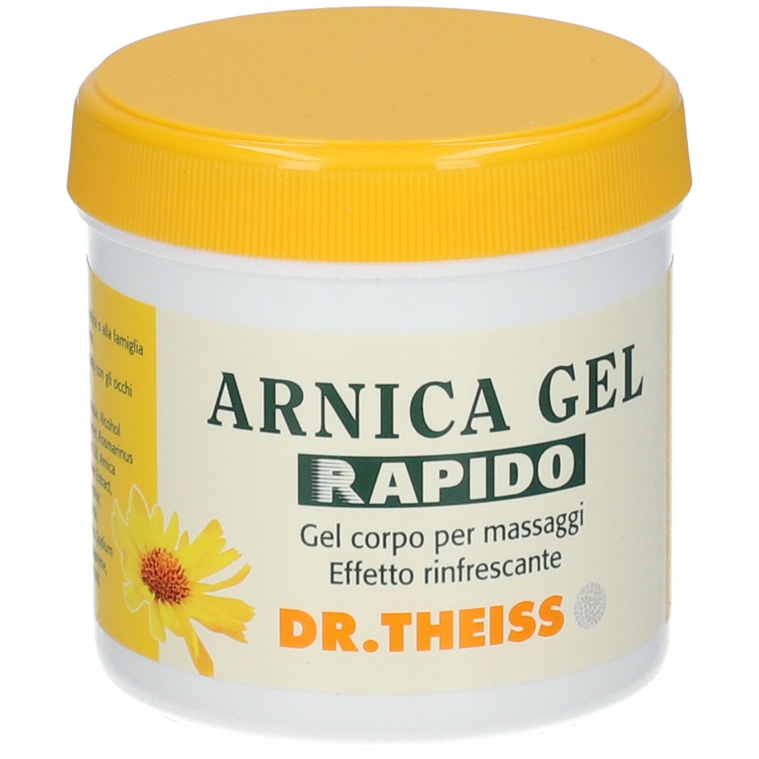 Vaso bianco con coperchio giallo. Scritta: ARNICA GEL RAPIDO. Gel per massaggi. Marchio: DR. THEISS.