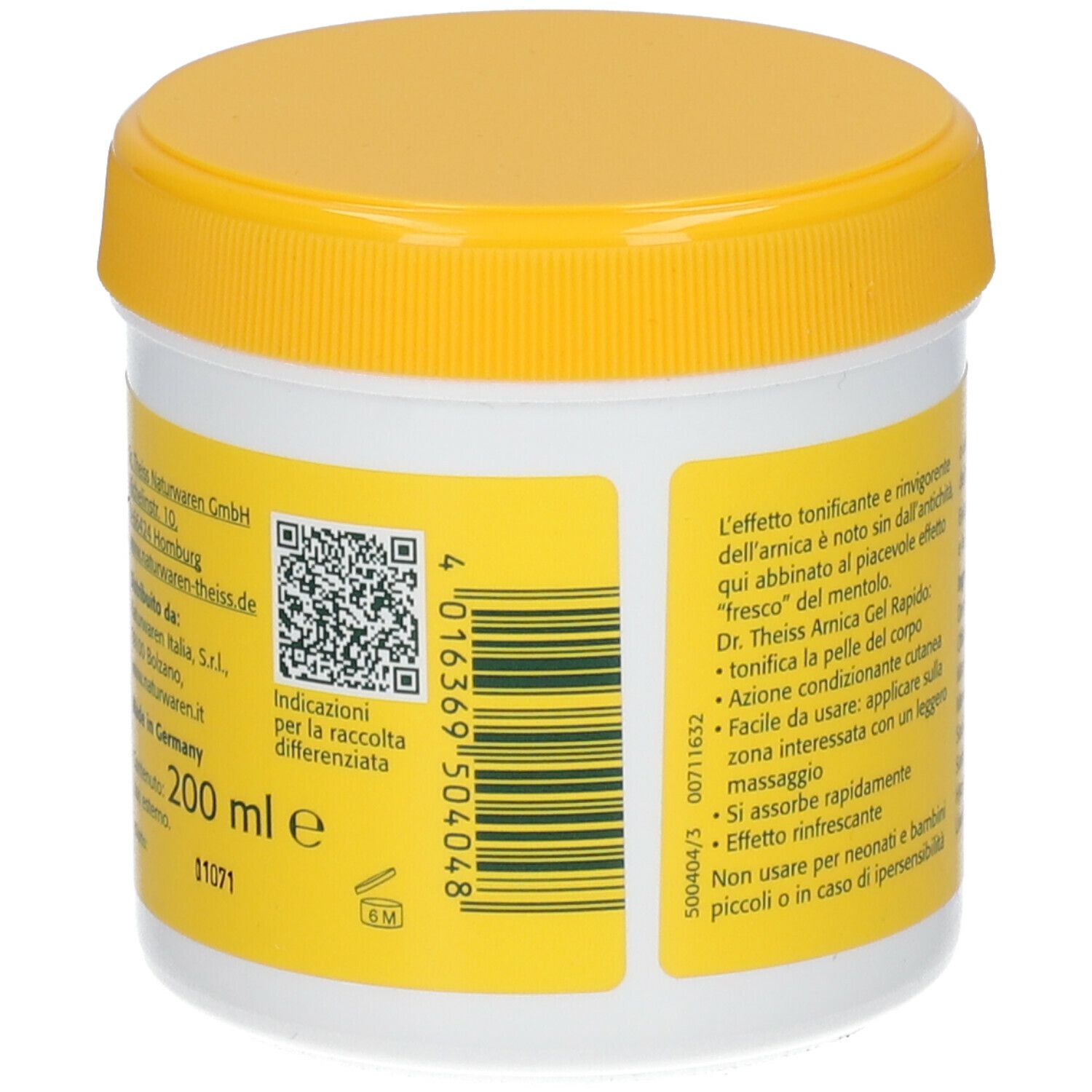 Retro di un vaso bianco con coperchio giallo. Testo con informazioni e codice QR. 200 ml.