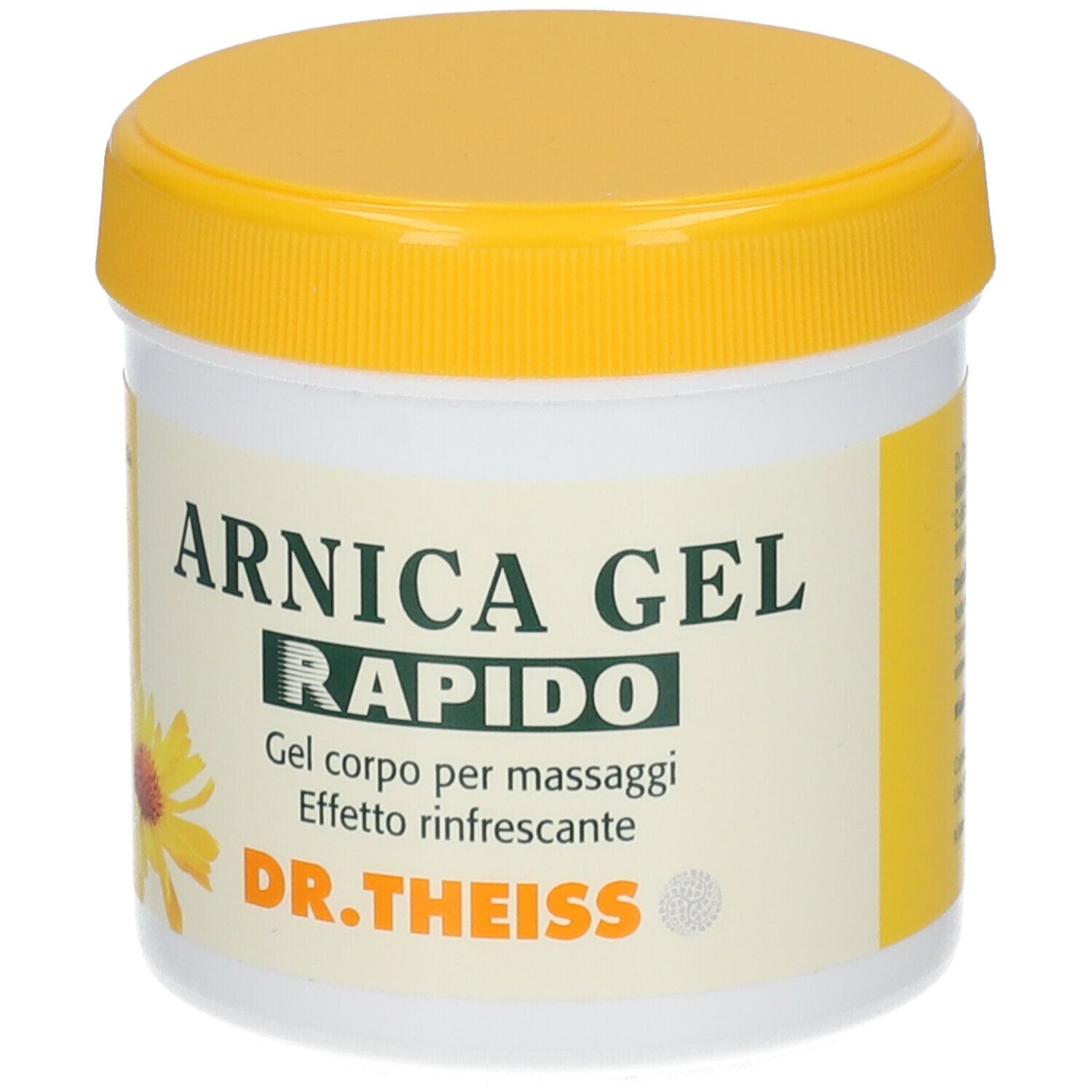 Vaso bianco con coperchio giallo. Scritta: ARNICA GEL RAPIDO. Gel per massaggi. Marchio: DR. THEISS.