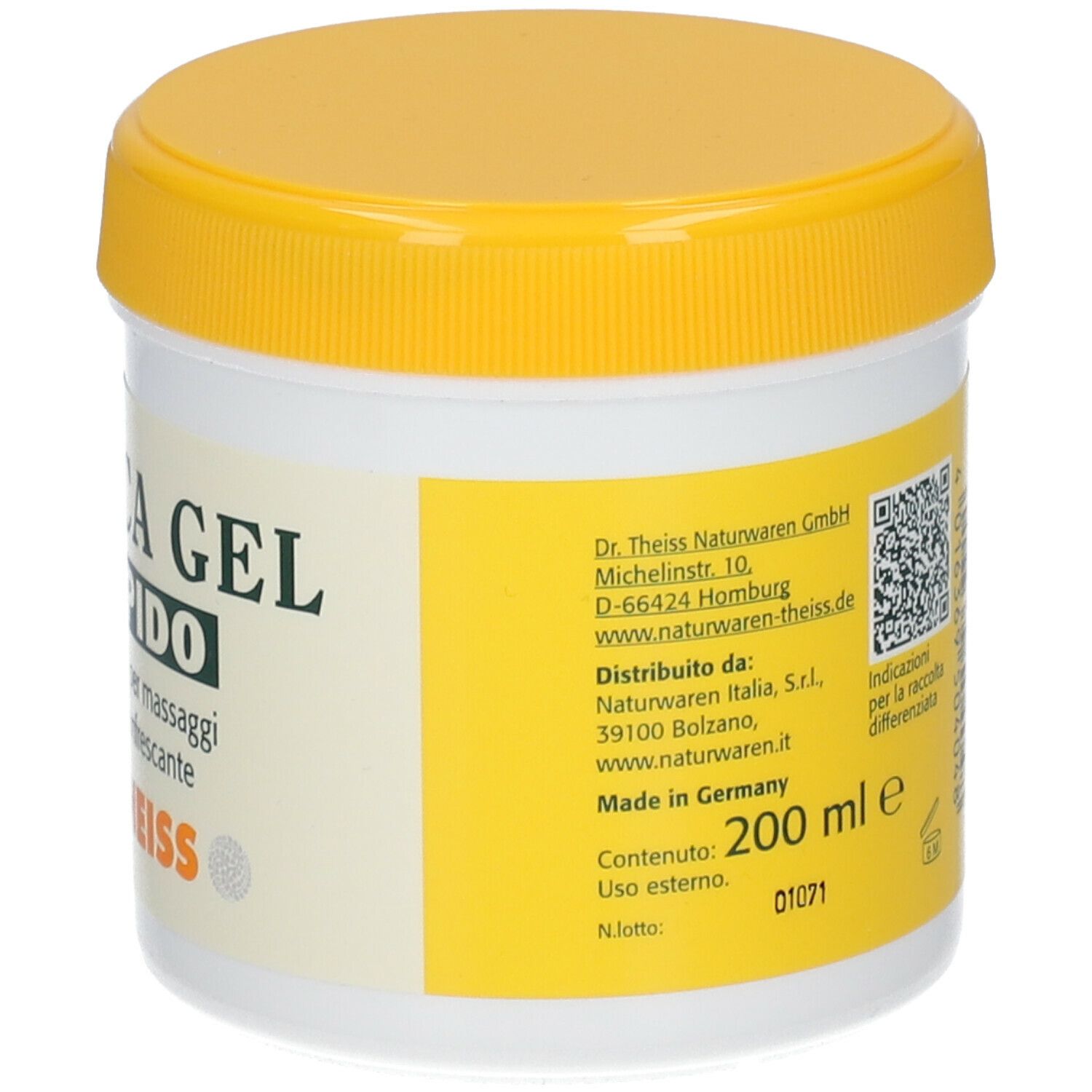 Retro di un vaso bianco con coperchio giallo. Testo con informazioni e codice QR. 200 ml.