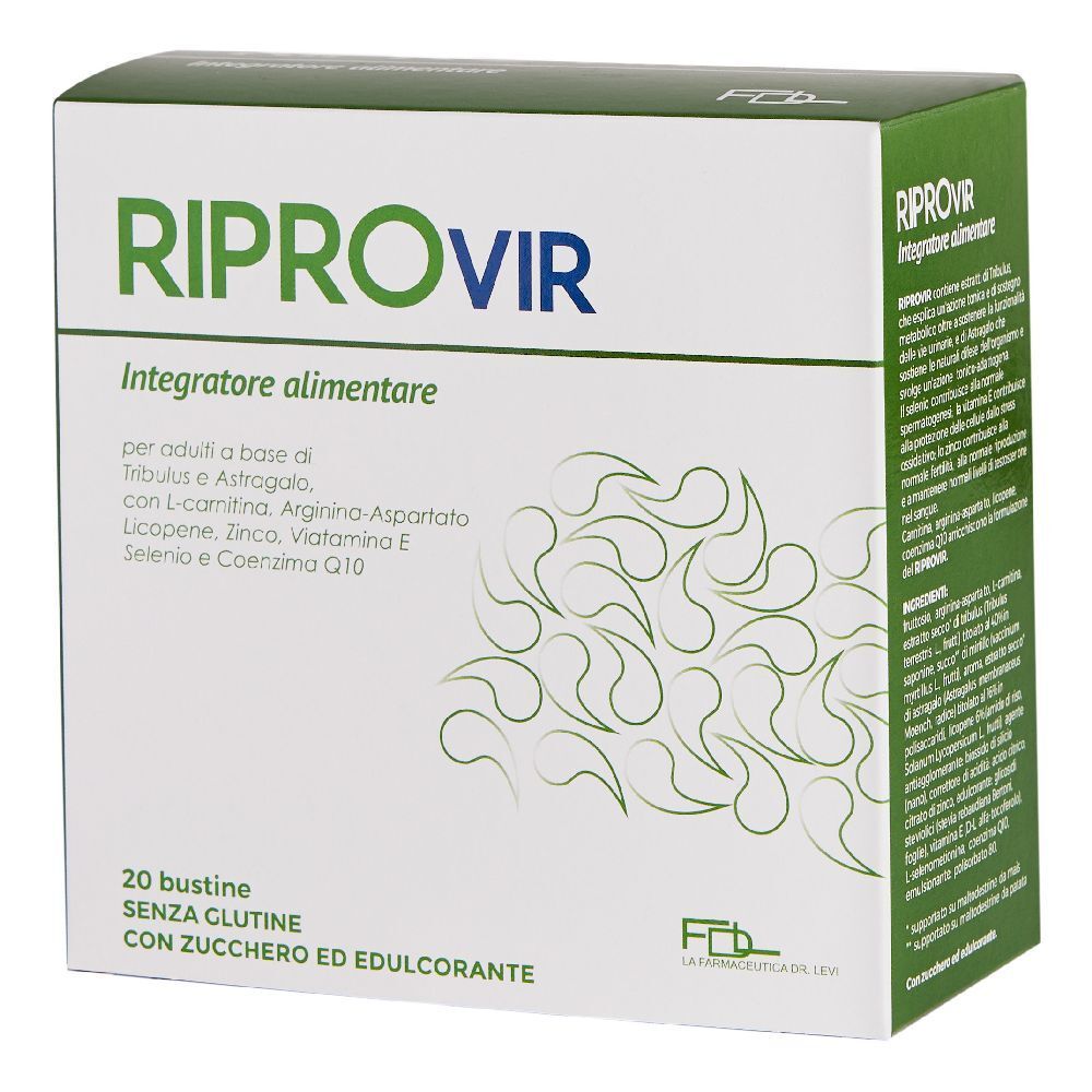Scatola di integratore alimentare "Riprovir". Contiene 20 bustine, senza glutine, con zucchero ed edulcorante. Scatola bianca con dettagli verdi.