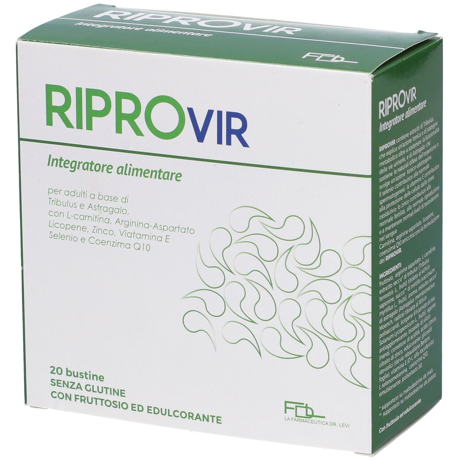 Scatola di integratore alimentare "Riprovir". Contiene 20 bustine, senza glutine, con fruttosio ed edulcorante. Scatola bianca con dettagli verdi.