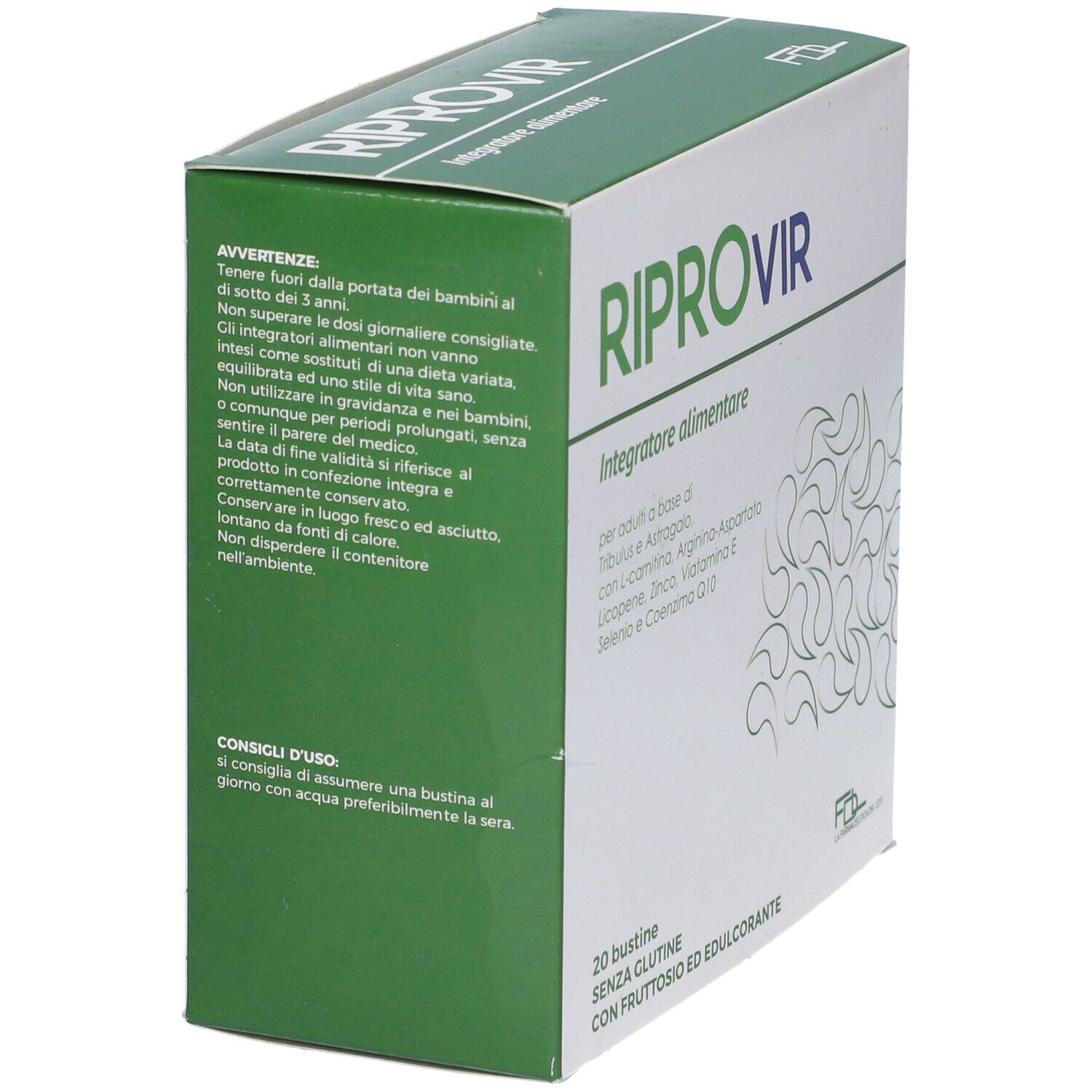Vista laterale della scatola "Riprovir". Contiene 20 bustine, senza glutine, con fruttosio ed edulcorante. Confezione verde e bianca con testo.