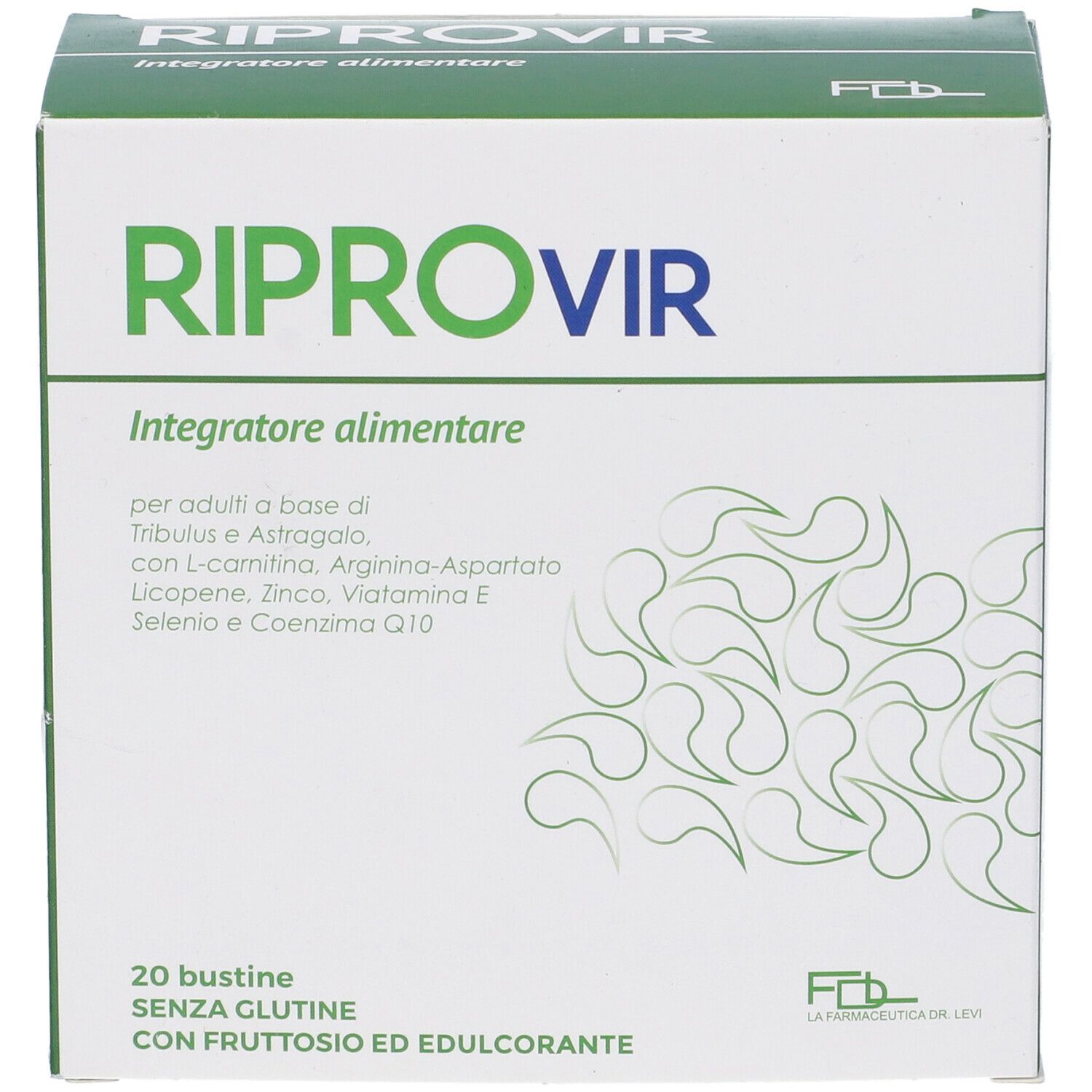 Scatola di integratore alimentare "Riprovir". Contiene 20 bustine, senza glutine, con fruttosio ed edulcorante. Scatola bianca con dettagli verdi.