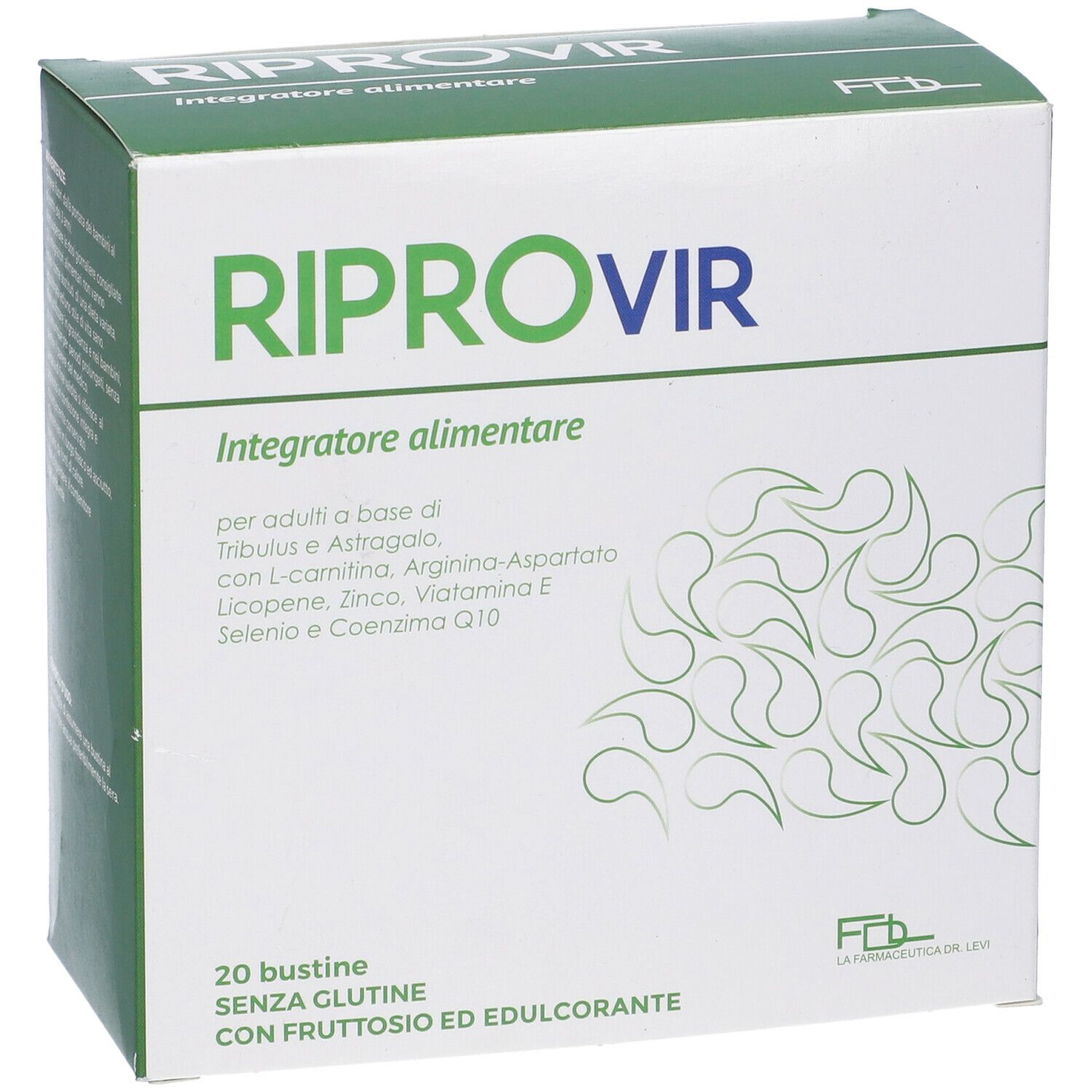Scatola di integratore alimentare "Riprovir". Contiene 20 bustine, senza glutine, con fruttosio ed edulcorante. Scatola bianca con dettagli verdi.