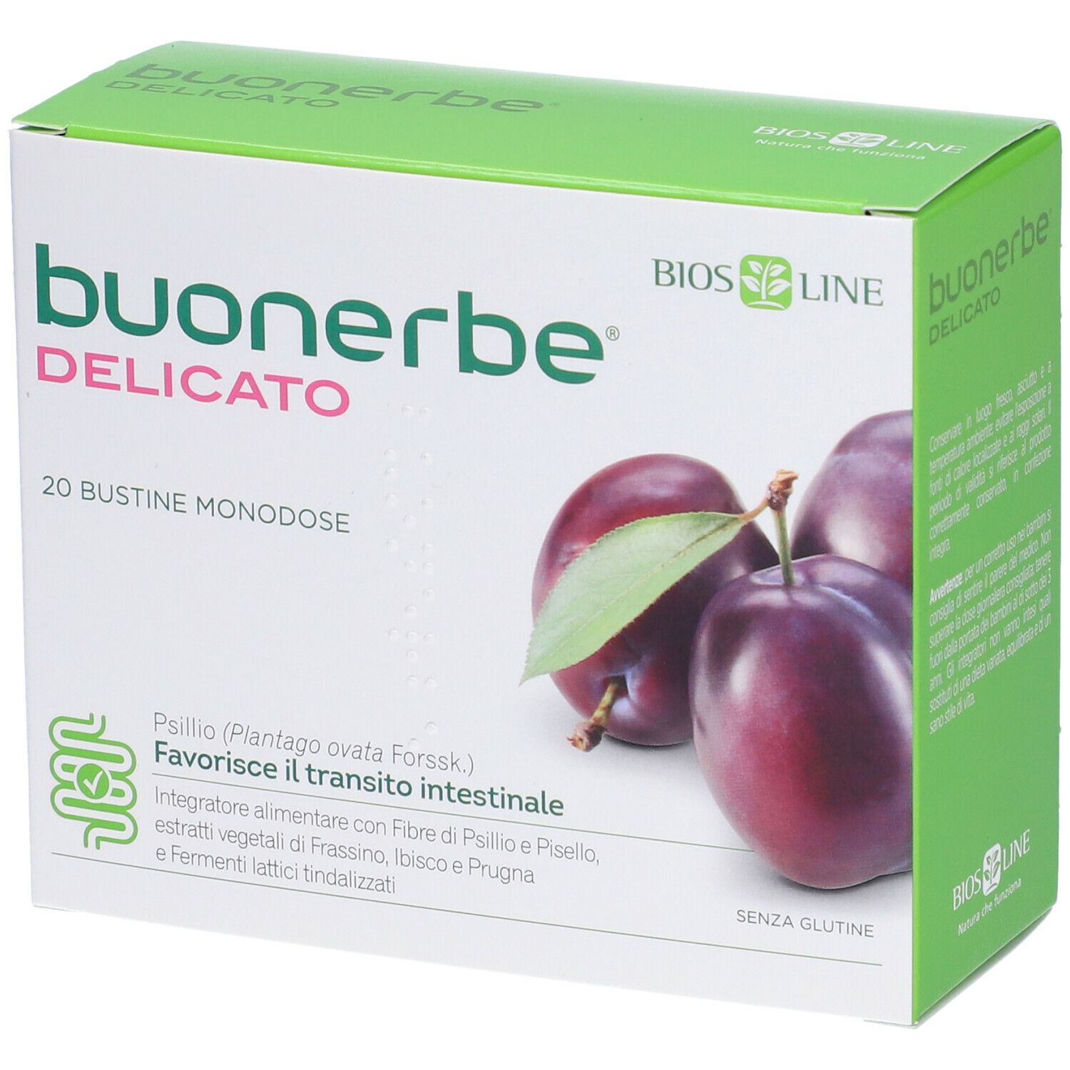 Scatola verde con nome prodotto e prugne. Testo: 20 bustine monodose, senza glutine.