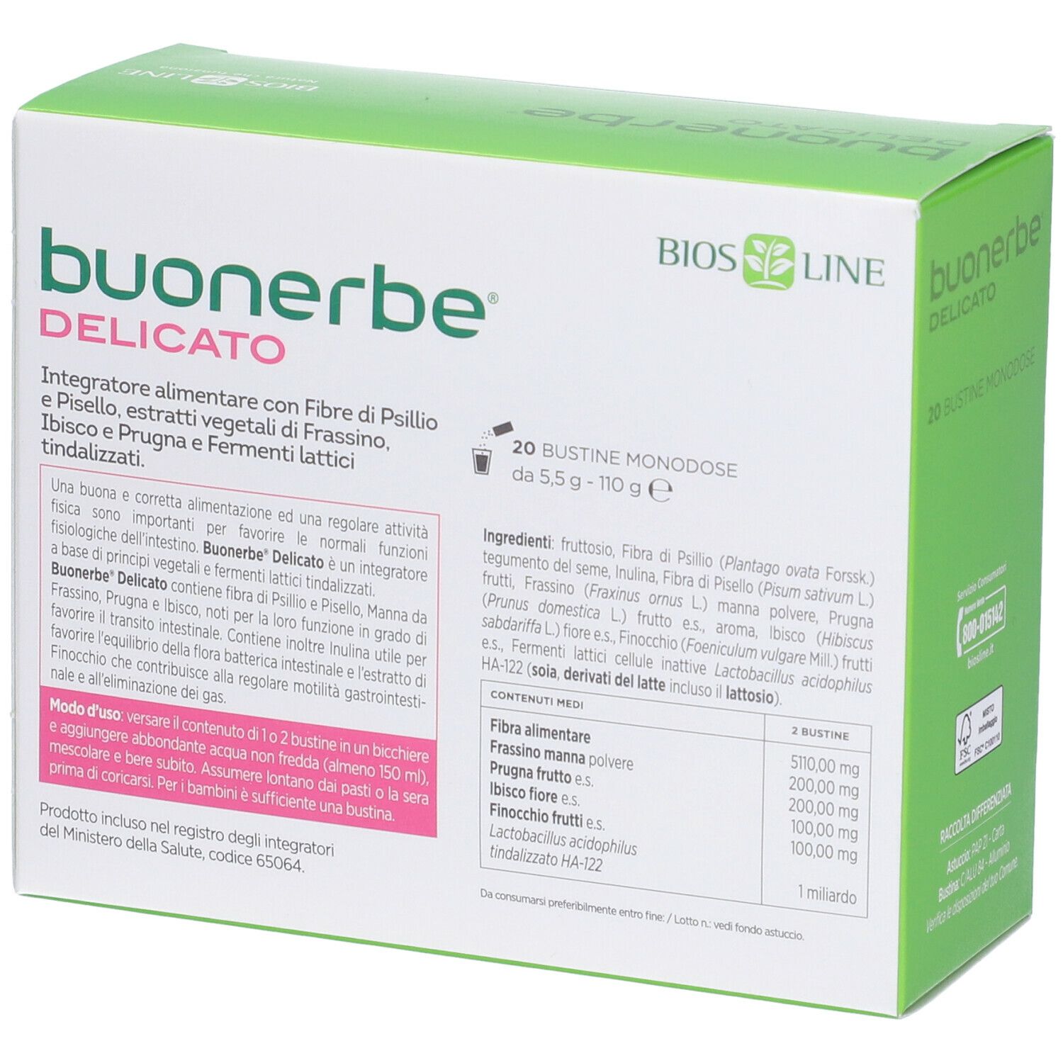 Scatola verde con nome prodotto e testo. Contiene ingredienti e informazioni sul dosaggio.