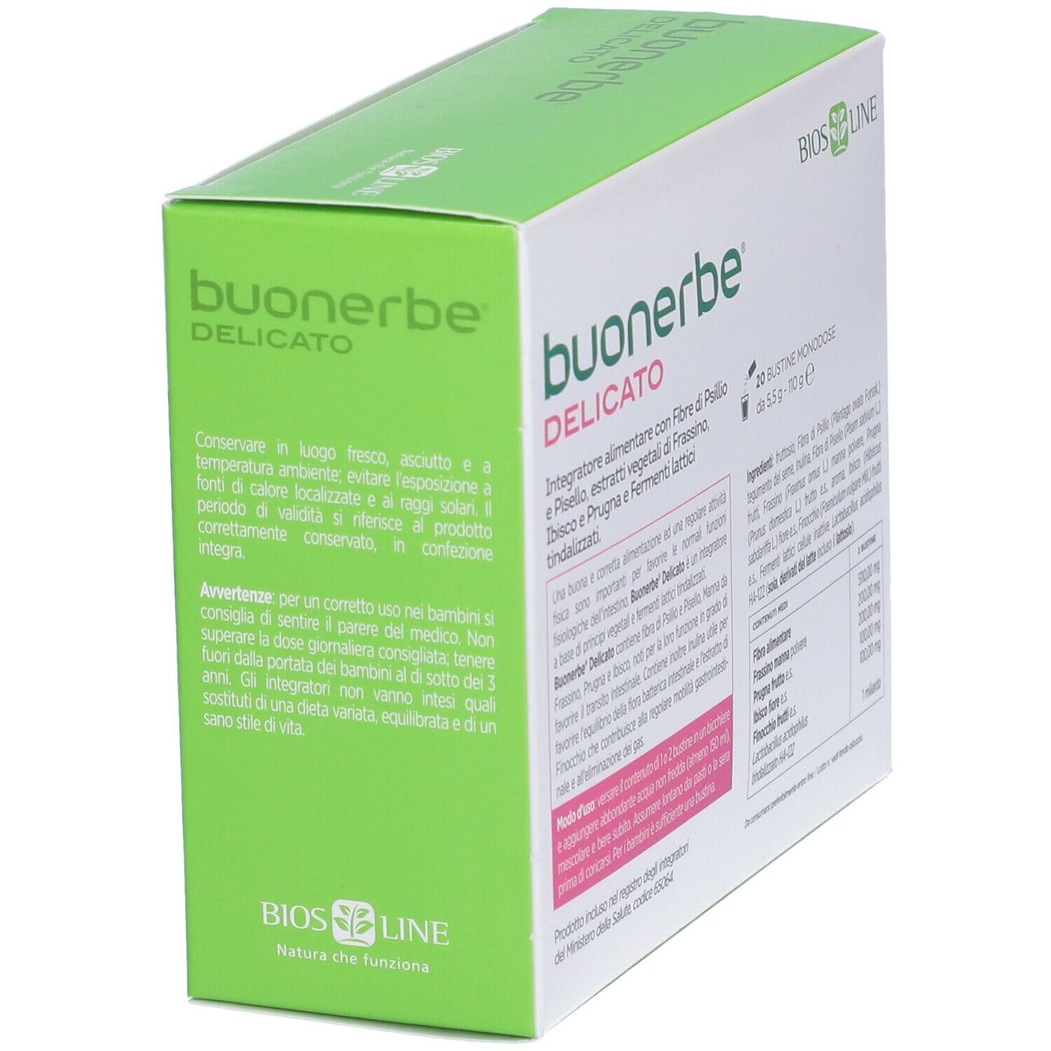 Scatola verde con nome prodotto e testo. Contiene avvertenze e consigli di conservazione.