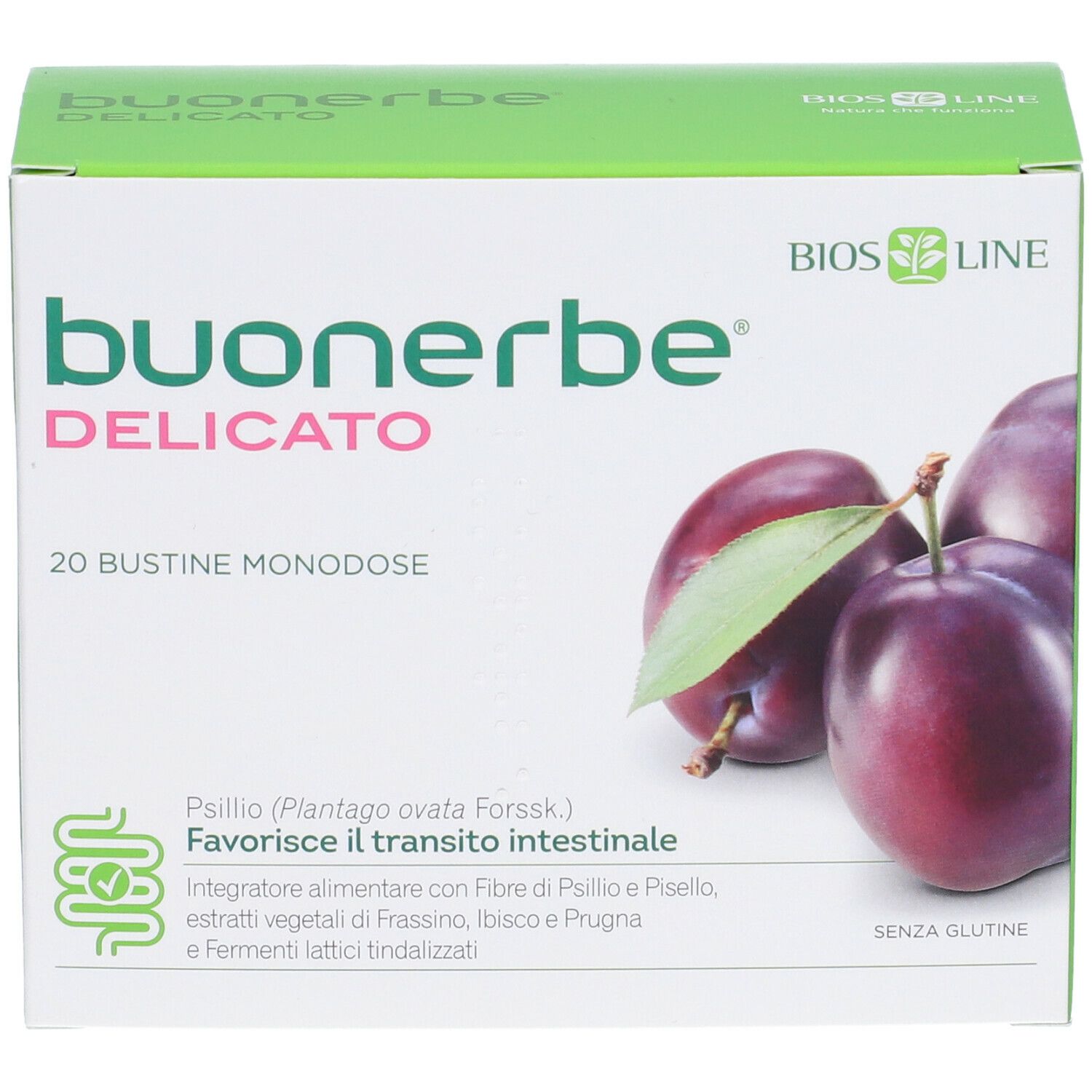 Scatola verde con nome prodotto e prugne. Testo: 20 bustine, favorisce il transito intestinale.