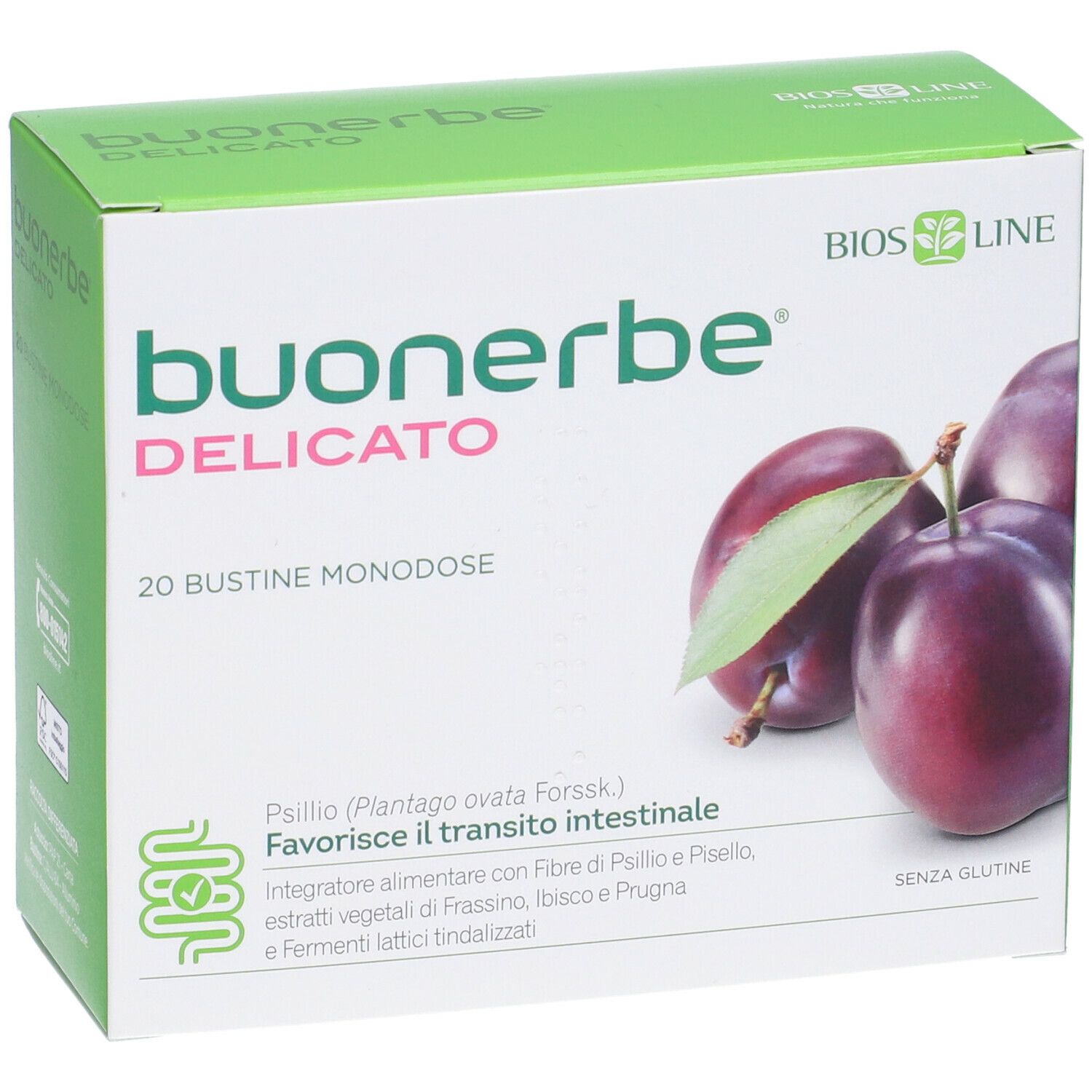Scatola verde con nome prodotto e prugne. Testo: 20 bustine, favorisce il transito intestinale.