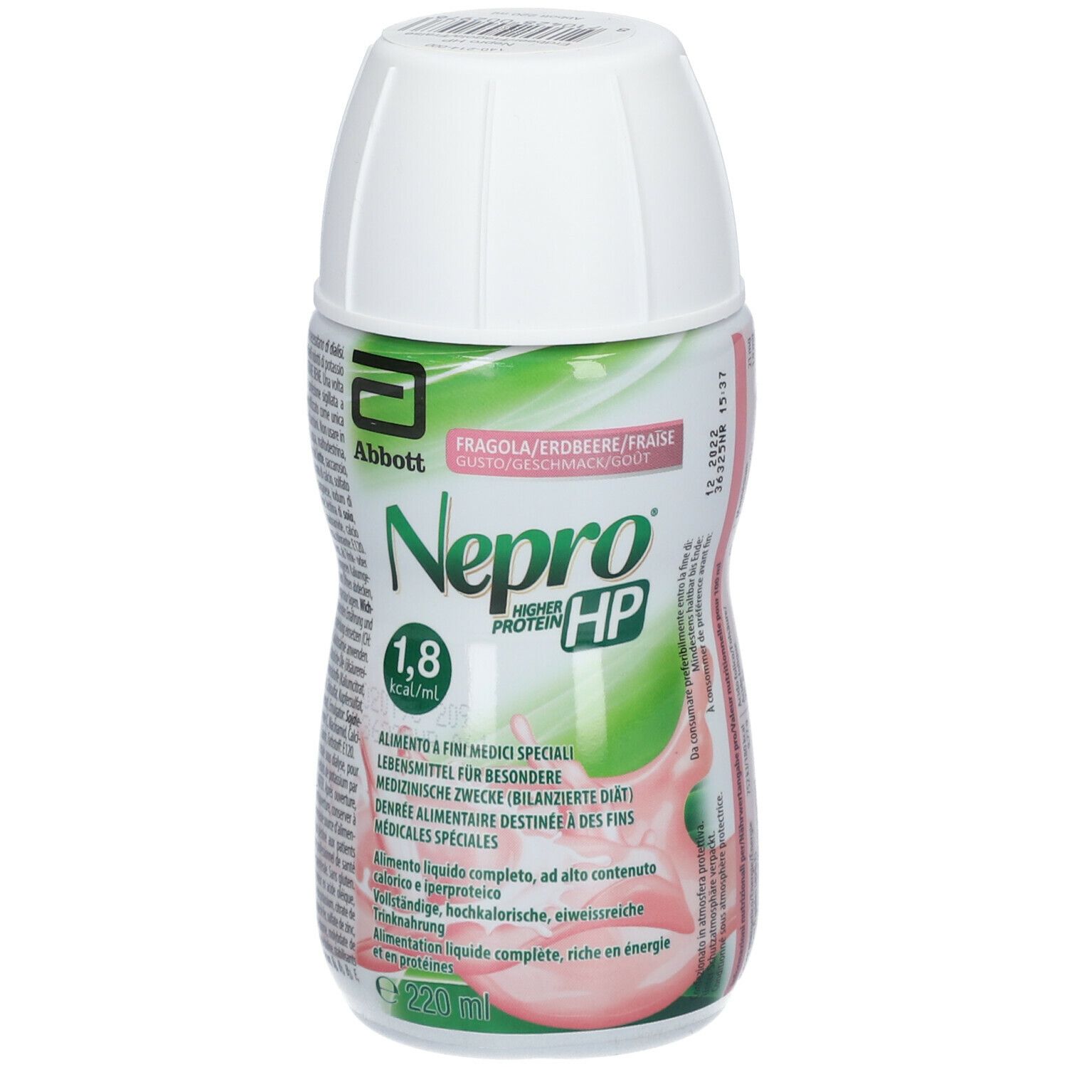 Bottiglia Ensure Nepro HP Fragola. Tappo bianco, etichetta verde e rosa. Logo Abbott. Testo: 1,8 kcal/ml.