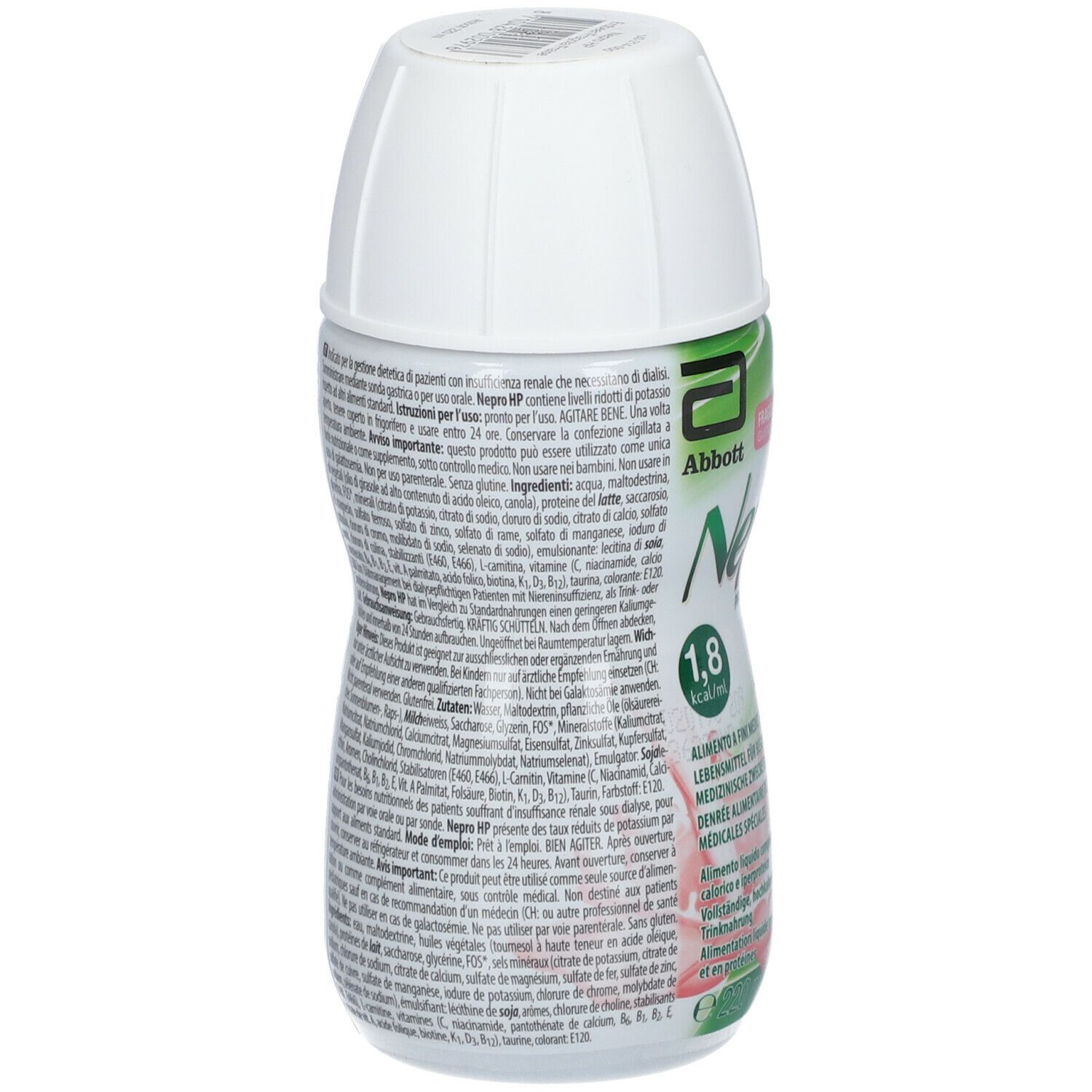 Retro della bottiglia Ensure Nepro HP. Tappo bianco. Testo e lista ingredienti sull'etichetta. Logo Abbott.
