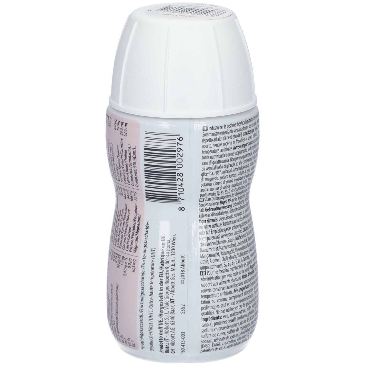 Retro della bottiglia Ensure Nepro HP. Tappo bianco. Codice a barre e testo sull'etichetta. Logo Abbott.
