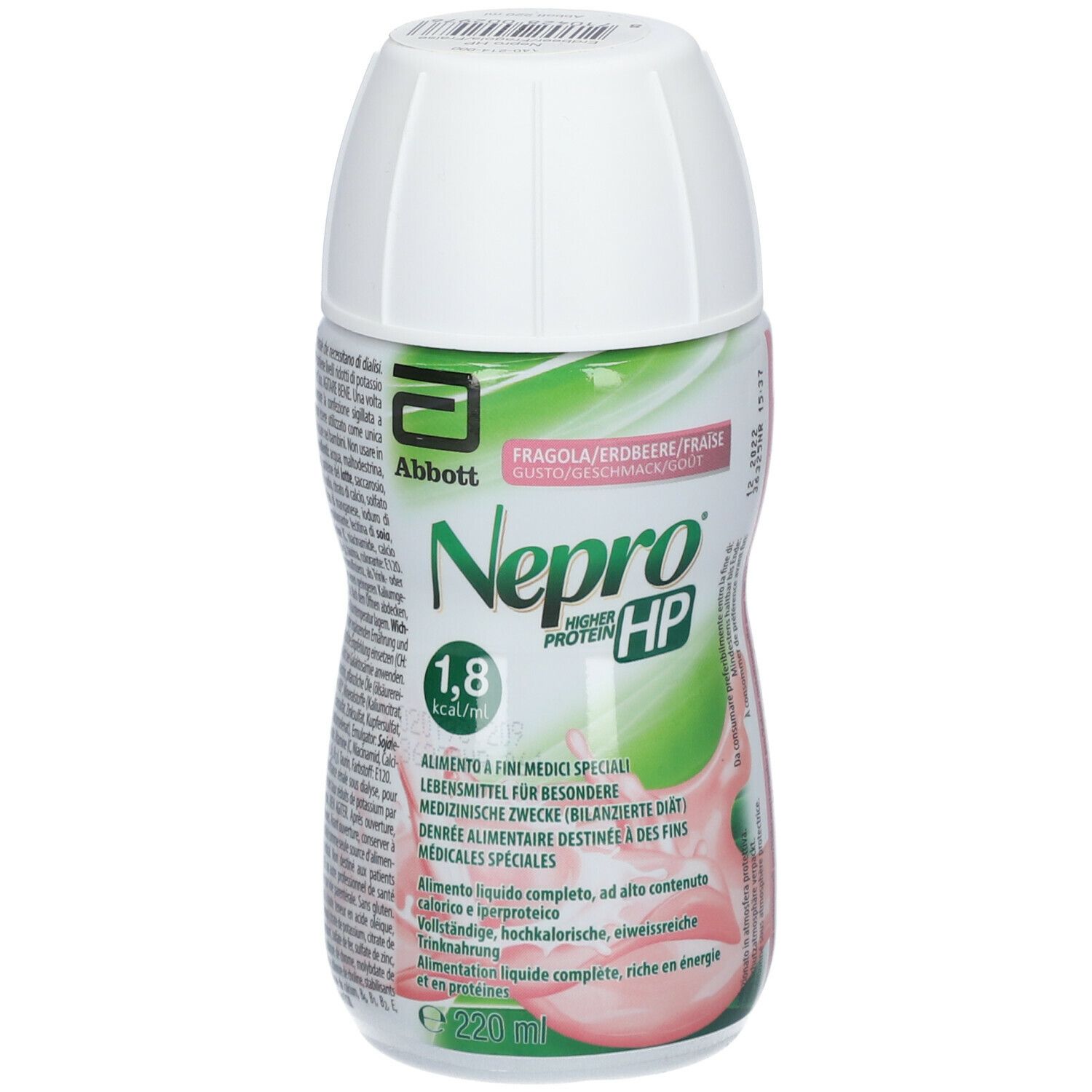 Bottiglia Ensure Nepro HP Fragola. Tappo bianco, etichetta verde e rosa. Logo Abbott. Testo: 1,8 kcal/ml.