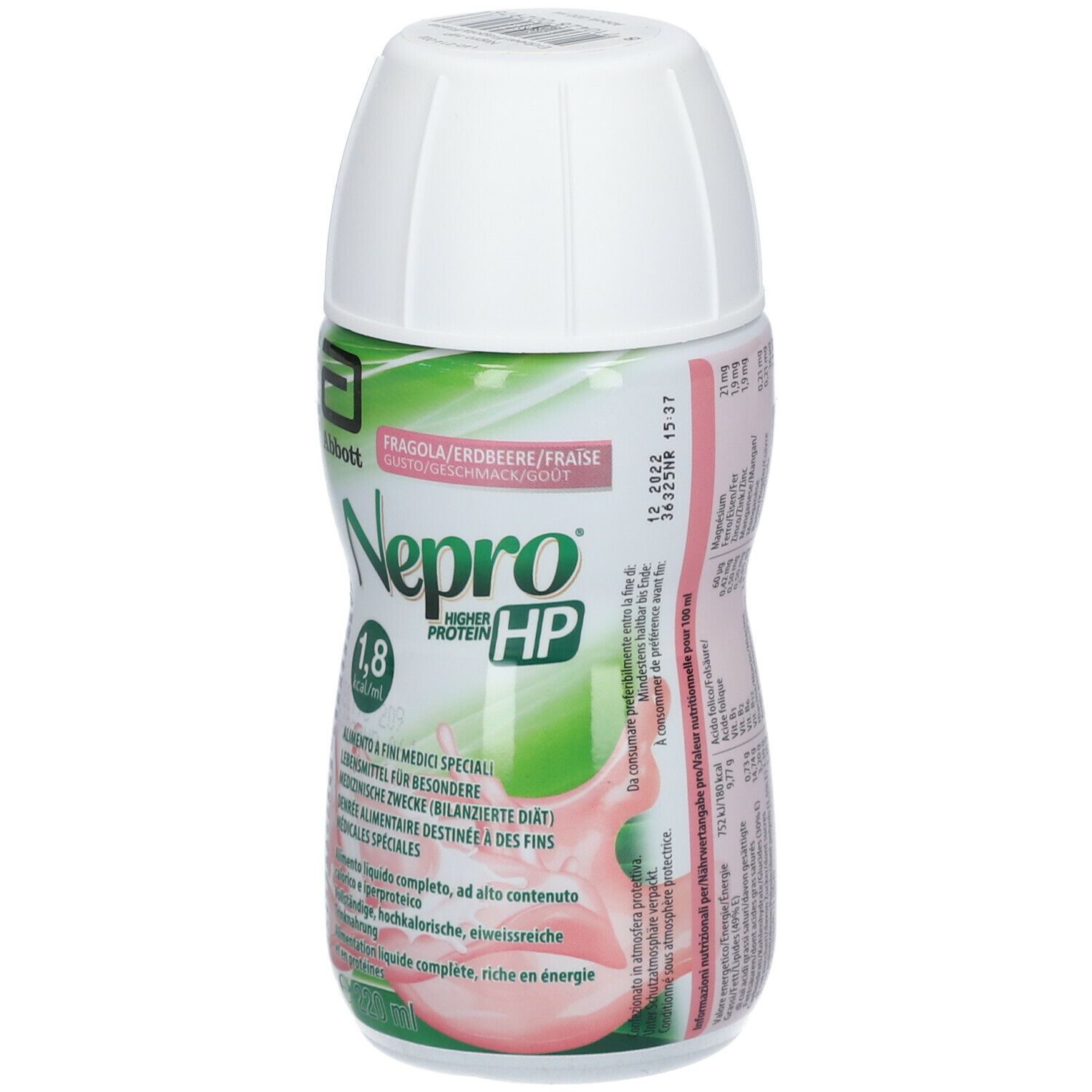 Bottiglia Ensure Nepro HP Fragola. Tappo bianco, etichetta verde e rosa. Logo Abbott. Testo: 1,8 kcal/ml. Scadenza.