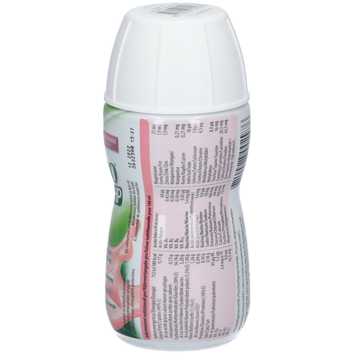 Retro della bottiglia Ensure Nepro HP. Tappo bianco. Informazioni nutrizionali sull'etichetta. Logo Abbott. Scadenza.