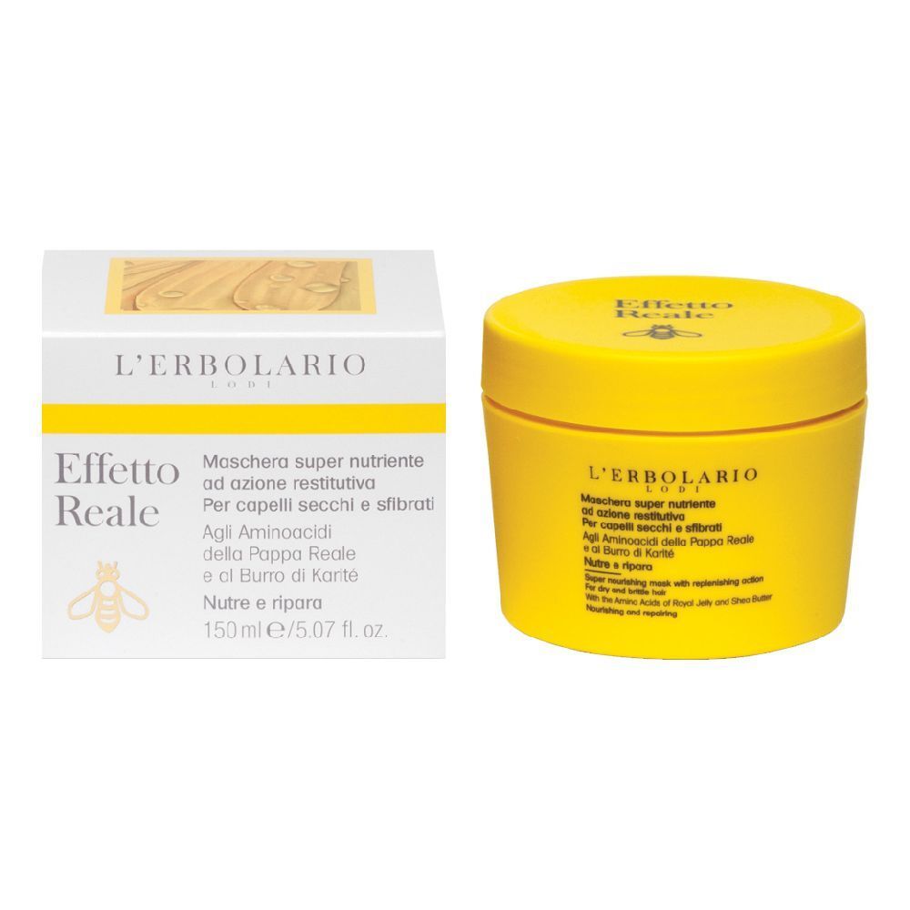 Barattolo giallo e scatola bianca. Scritta: Effetto Reale, L'Erbolario. Testo in italiano. Logo ape.